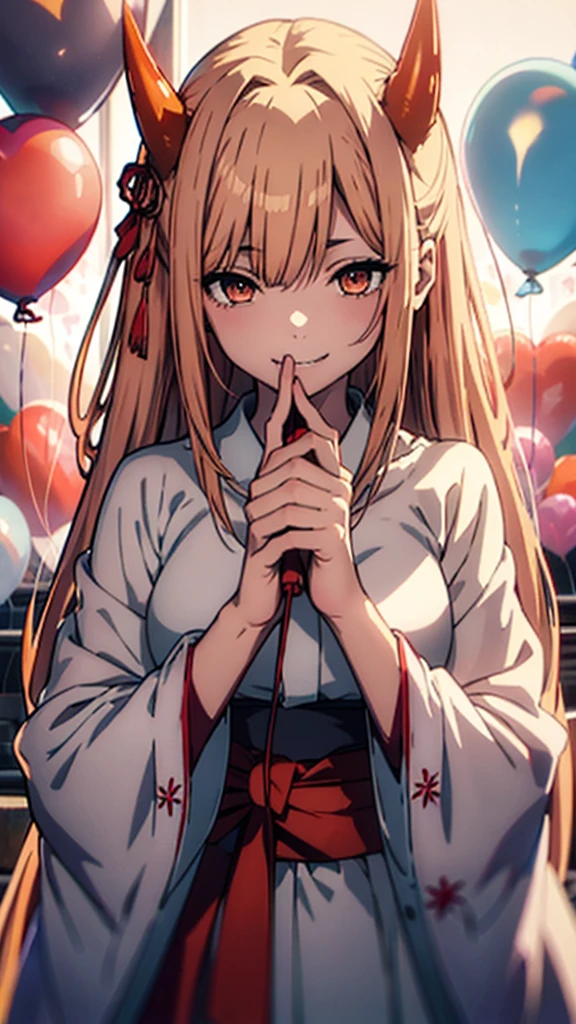  1 GIRL WITH HIM, solo, Orange Eyes、Long Hair, Blonde、Red devil's horn on the top of the head、 opens her mouth, tooth, smile、pink and white maid clothes、Best Quality, background, Surrounded by heart-shaped balloons、 Japanese illustration style,  upper body,  wide shot ,  high definition model, 