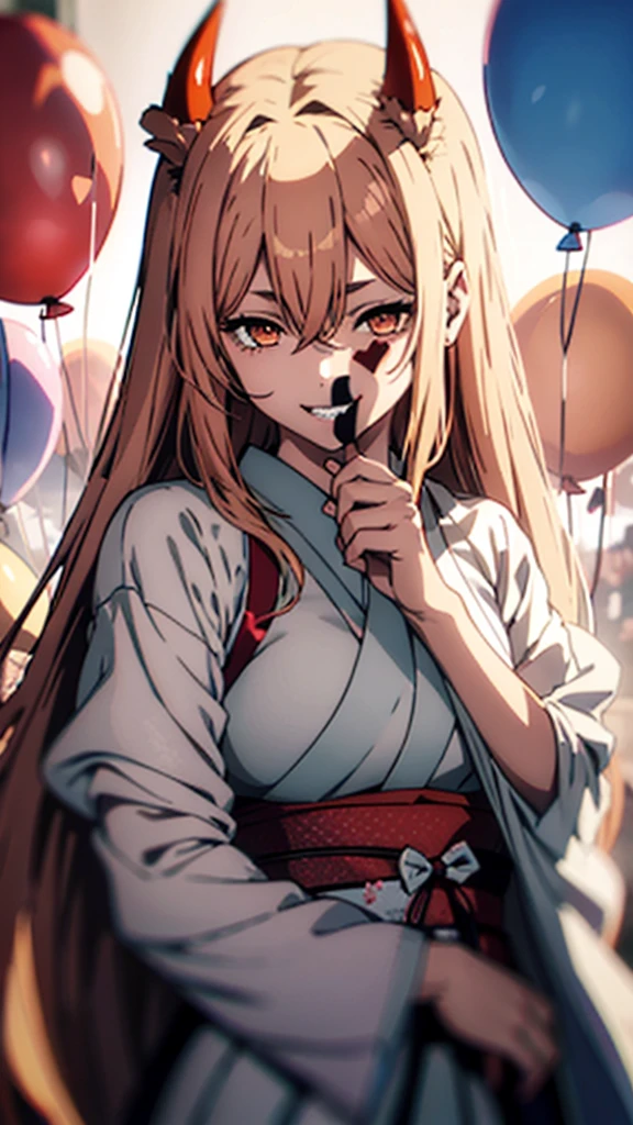  1 GIRL WITH HIM, solo, Orange Eyes、Long Hair, Blonde、Red devil's horn on the top of the head、 opens her mouth, tooth, smile、pink and white maid clothes、Best Quality, background, Surrounded by heart-shaped balloons、 Japanese illustration style,  upper body,  wide shot ,  high definition model, 