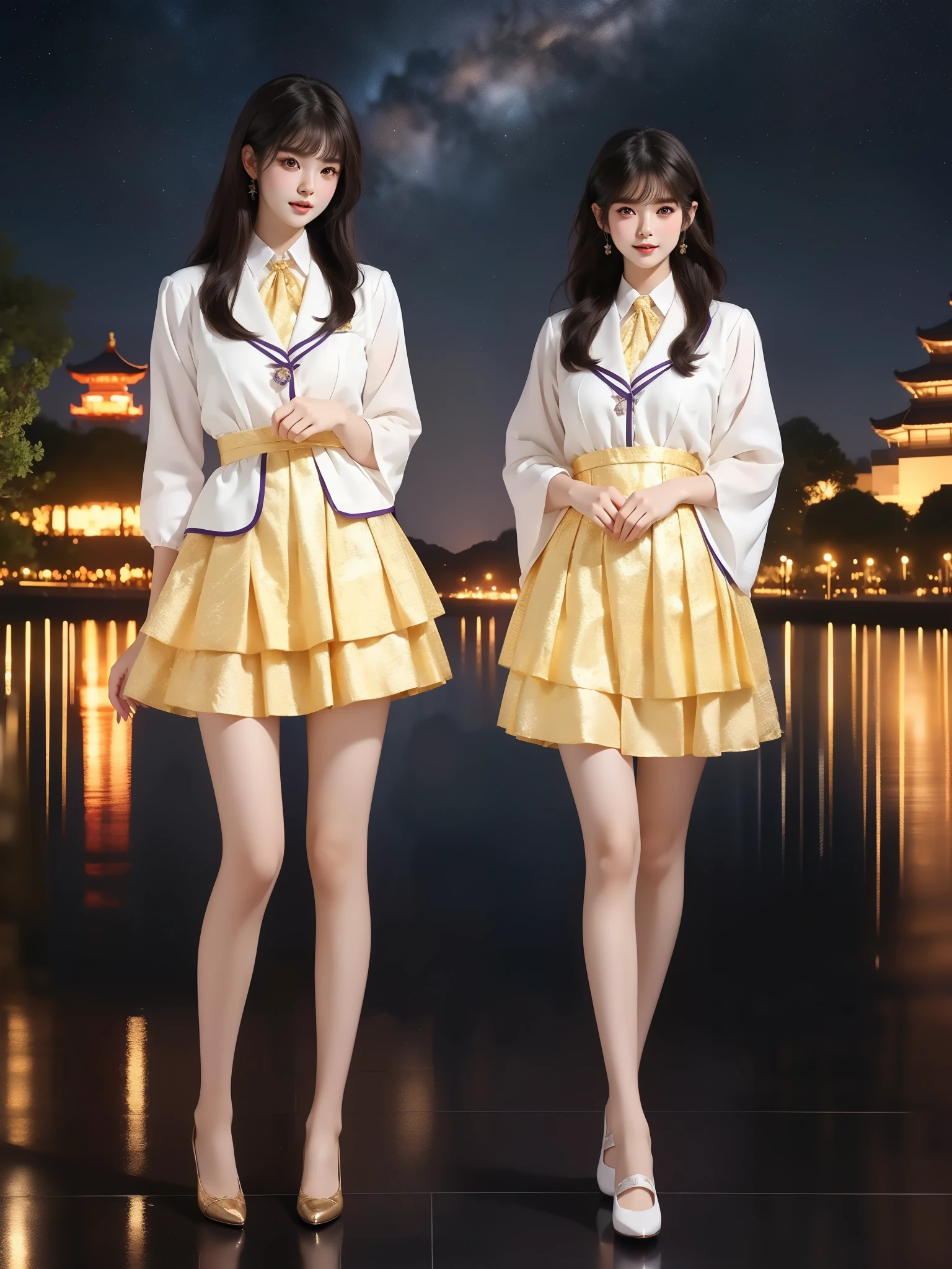 nogizaka_costume ((full body)), (Asian beauty: 1.3), girl, solo, (toned body: 1.2), (naturally large breasts: 1.1), (visible cleavage: 0.8), (smooth flawless skin: 1.2), (perfect anatomical proportions: 1.3), (anatomically correct legs: 1.3), (elegantly long legs: 1.3), 1.1) Hands gently lift the skirt, (detailed features: 1.2), (big bright eyes: 1.1), (long eyelashes: 1.1), charming smile, gentle and confident expression, Head slightly tilted, long flowing hair, (night scene: 1.1), (starry sky: 1.0), (space background: 0.9), (professional soft light: 1.2), (warm tone: 1.1), (Masterpiece: 1.4), (Super Detail: 1.3), (Sharp focus: 1.2), (Realistic: 1.2), (Hi-Fi: 1.1)