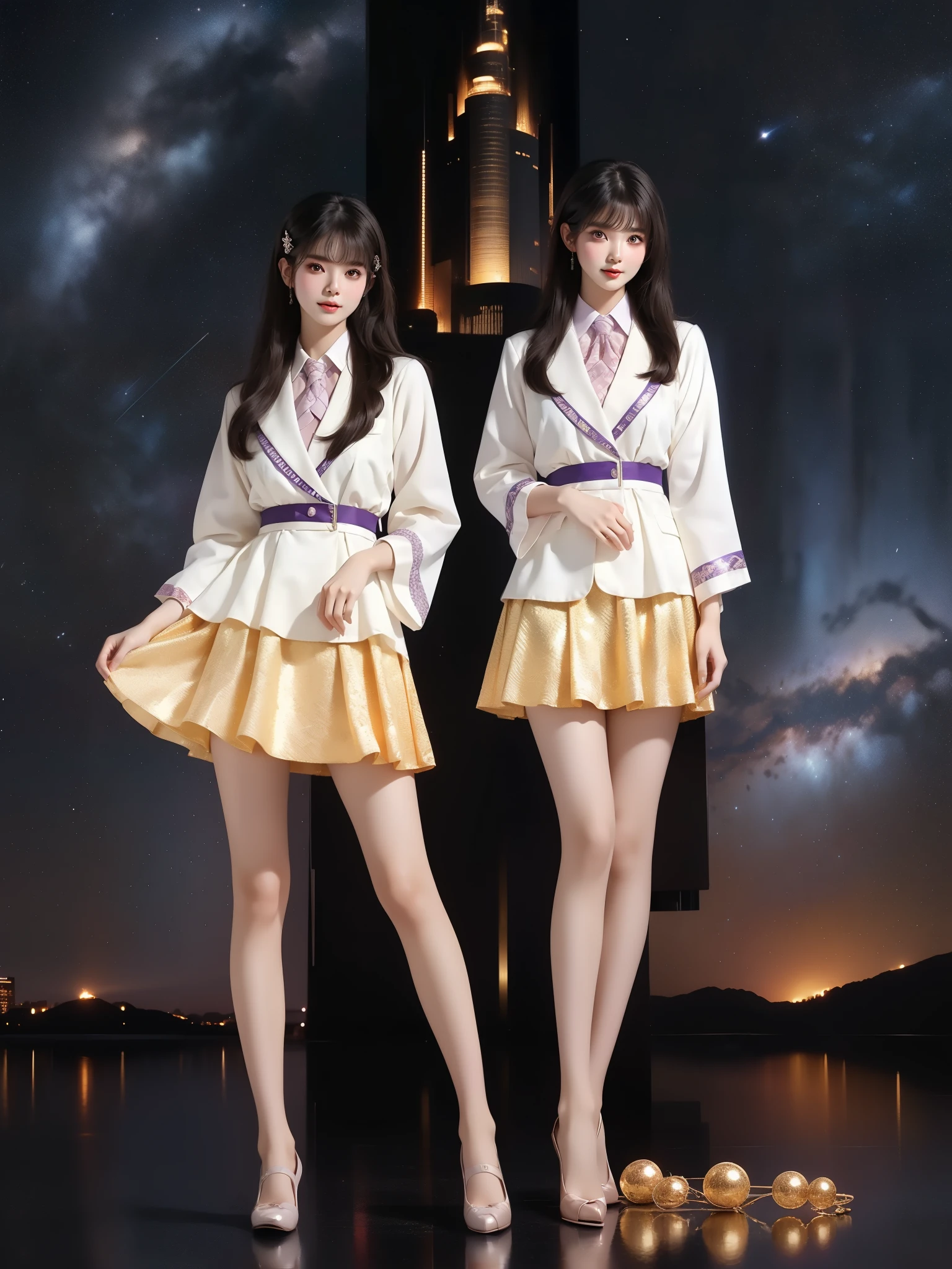 nogizaka_costume ((full body)), (Asian beauty: 1.3), girl, solo, (toned body: 1.2), (naturally large breasts: 1.1), (visible cleavage: 0.8), (smooth flawless skin: 1.2), (perfect anatomical proportions: 1.3), (anatomically correct legs: 1.3), (elegantly long legs: 1.3), 1.1) Hands gently lift the skirt, (detailed features: 1.2), (big bright eyes: 1.1), (long eyelashes: 1.1), charming smile, gentle and confident expression, Head slightly tilted, long flowing hair, (night scene: 1.1), (starry sky: 1.0), (space background: 0.9), (professional soft light: 1.2), (warm tone: 1.1), (Masterpiece: 1.4), (Super Detail: 1.3), (Sharp focus: 1.2), (Realistic: 1.2), (Hi-Fi: 1.1)