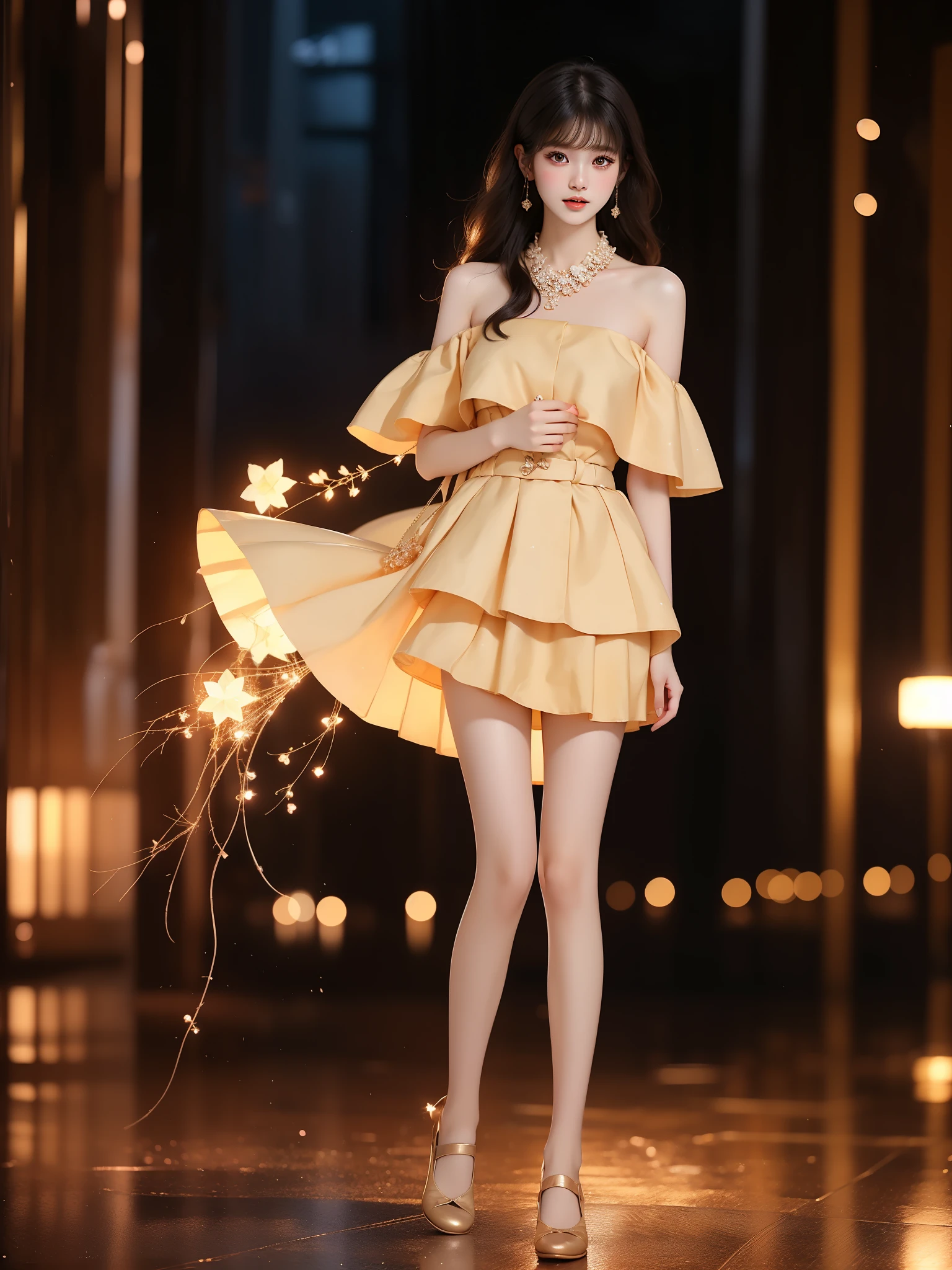 nogizaka_costume ((full body)), (Asian beauty: 1.3), girl, solo, ((single bare shoulder)), (toned body: 1.2), (naturally large breasts: 1.1), (visible cleavage: 0.8), (smooth flawless skin: 1.2), (perfect anatomical proportions: 1.3), (anatomically correct legs: 1.3), (elegantly long legs: 1.3), 1.1) Hands gently lift the skirt, (detailed features: 1.2), (big bright eyes: 1.1), (long eyelashes: 1.1), charming smile, gentle and confident expression, Head slightly tilted, long flowing hair, (night scene: 1.1), (starry sky: 1.0), (space background: 0.9), (professional soft light: 1.2), (warm tone: 1.1), (Masterpiece: 1.4), (Super Detail: 1.3), (Sharp focus: 1.2), (Realistic: 1.2), (Hi-Fi: 1.1)