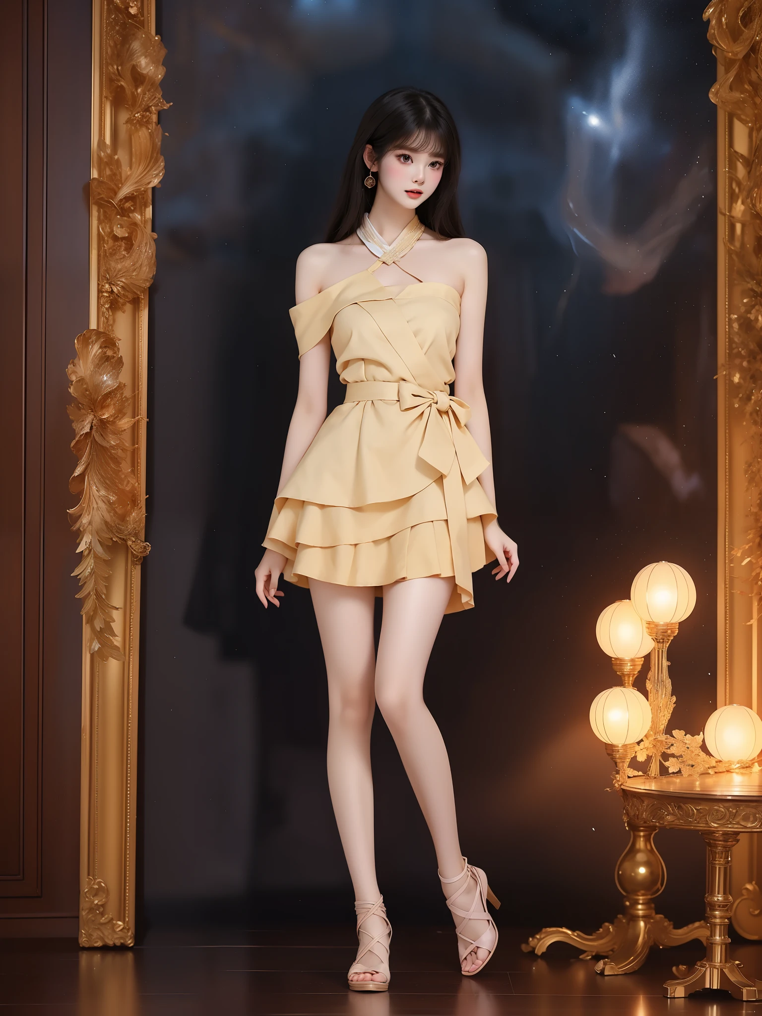 nogizaka_costume ((full body)), (Asian beauty: 1.3), girl, solo, ((single bare shoulder)), (toned body: 1.2), (naturally large breasts: 1.1), (visible cleavage: 0.8), (smooth flawless skin: 1.2), (perfect anatomical proportions: 1.3), (anatomically correct legs: 1.3), (elegantly long legs: 1.3), 1.1) Hands gently lift the skirt, (detailed features: 1.2), (big bright eyes: 1.1), (long eyelashes: 1.1), charming smile, gentle and confident expression, Head slightly tilted, long flowing hair, (night scene: 1.1), (starry sky: 1.0), (space background: 0.9), (professional soft light: 1.2), (warm tone: 1.1), (Masterpiece: 1.4), (Super Detail: 1.3), (Sharp focus: 1.2), (Realistic: 1.2), (Hi-Fi: 1.1)