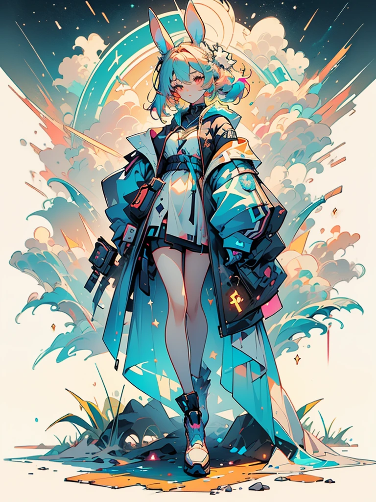 (masterpiece, top quality, best quality, beautiful and aesthetic:1.4),cloud haired,anime,bunny girl ,smokeanywhere,mist,kawaiitech, with bunny ears,(colorful palete:1.4), wearing cyberpunk cloaths,techwear, full body!, wearing cybernetic bunny ears, full body picture, full body!!, very sexy outfit, full body length shot, full body in view,white background, full body,background,starry,stars,cloud,star,plants,highly detailed face,