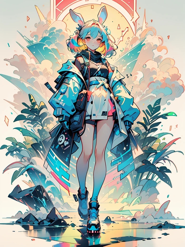 (masterpiece, top quality, best quality, beautiful and aesthetic:1.4),cloud haired,anime,bunny girl ,smokeanywhere,mist,kawaiitech, with bunny ears,(colorful palete:1.4), wearing cyberpunk cloaths,techwear, full body!, wearing cybernetic bunny ears, full body picture, full body!!, very sexy outfit, full body length shot, full body in view,white background, full body,background,starry,stars,cloud,star,plants,highly detailed face,