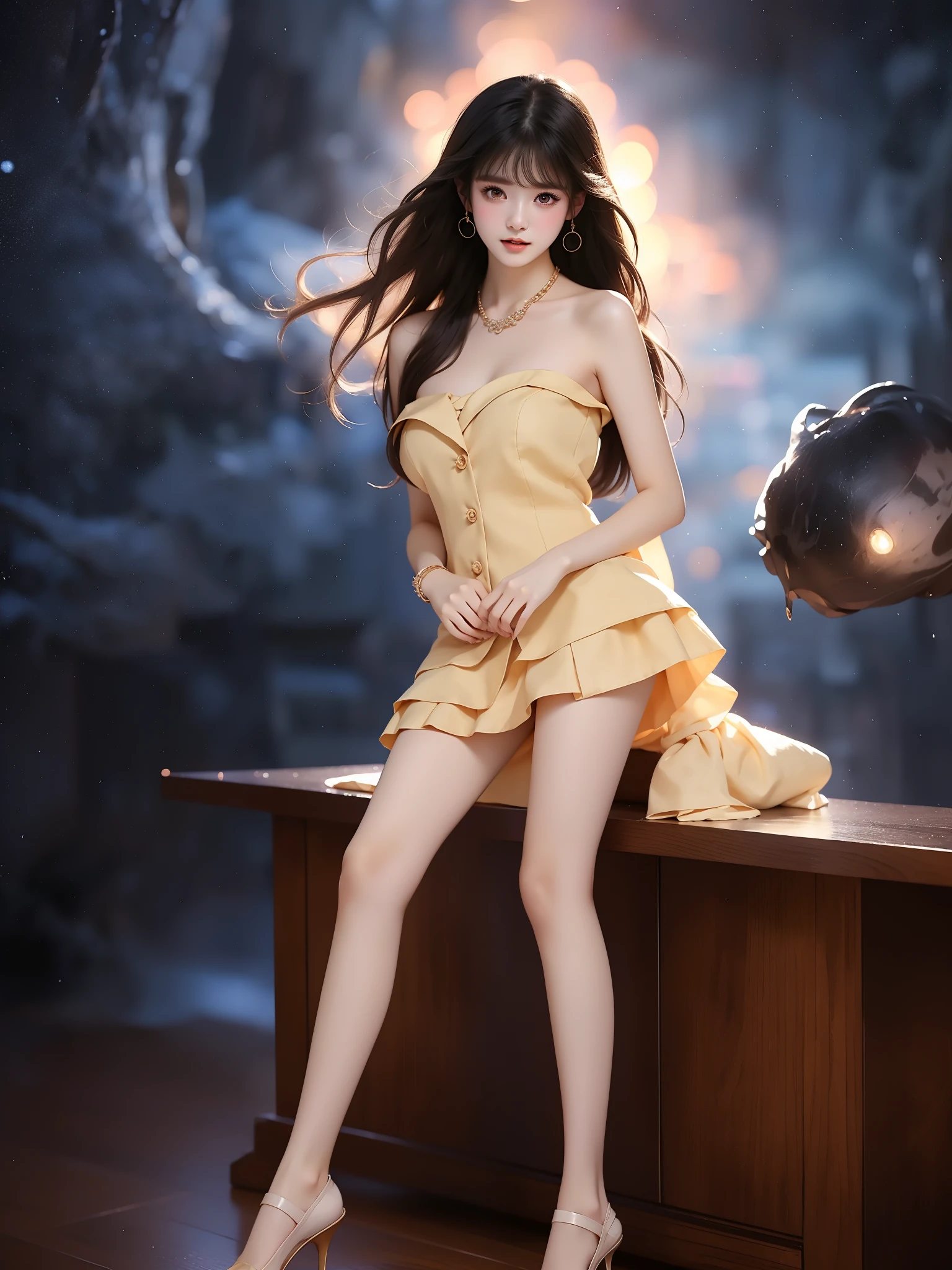 nogizaka_costume ((full body)), (Asian beauty: 1.3), girl, solo, ((single bare shoulder)), (toned body: 1.2), (naturally large breasts: 1.1), (visible cleavage: 0.8), (smooth flawless skin: 1.2), (perfect anatomical proportions: 1.3), (anatomically correct legs: 1.3), (elegantly long legs: 1.3), 1.1) Hands gently lift the skirt, (detailed features: 1.2), (big bright eyes: 1.1), (long eyelashes: 1.1), charming smile, gentle and confident expression, Head slightly tilted, long flowing hair, (night scene: 1.1), (starry sky: 1.0), (space background: 0.9), (professional soft light: 1.2), (warm tone: 1.1), (Masterpiece: 1.4), (Super Detail: 1.3), (Sharp focus: 1.2), (Realistic: 1.2), (Hi-Fi: 1.1)