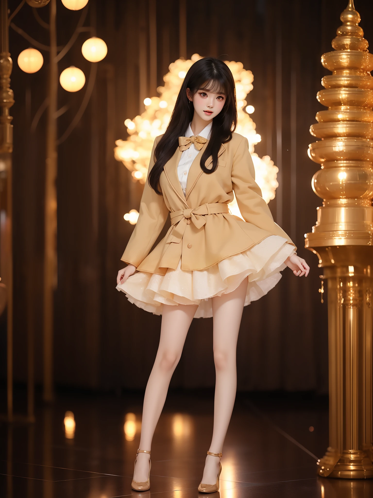 nogizaka_costume ((full body)), (Asian beauty: 1.3), girl, solo, (toned body: 1.2), (naturally large breasts: 1.1), (visible cleavage: 0.8), (smooth flawless skin: 1.2), (perfect anatomical proportions: 1.3), (anatomically correct legs: 1.3), (elegantly long legs: 1.3), 1.1) Hands gently lift the skirt, (detailed features: 1.2), (big bright eyes: 1.1), (long eyelashes: 1.1), charming smile, gentle and confident expression, Head slightly tilted, long flowing hair, (night scene: 1.1), (starry sky: 1.0), (space background: 0.9), (professional soft light: 1.2), (warm tone: 1.1), (Masterpiece: 1.4), (Super Detail: 1.3), (Sharp focus: 1.2), (Realistic: 1.2), (Hi-Fi: 1.1)