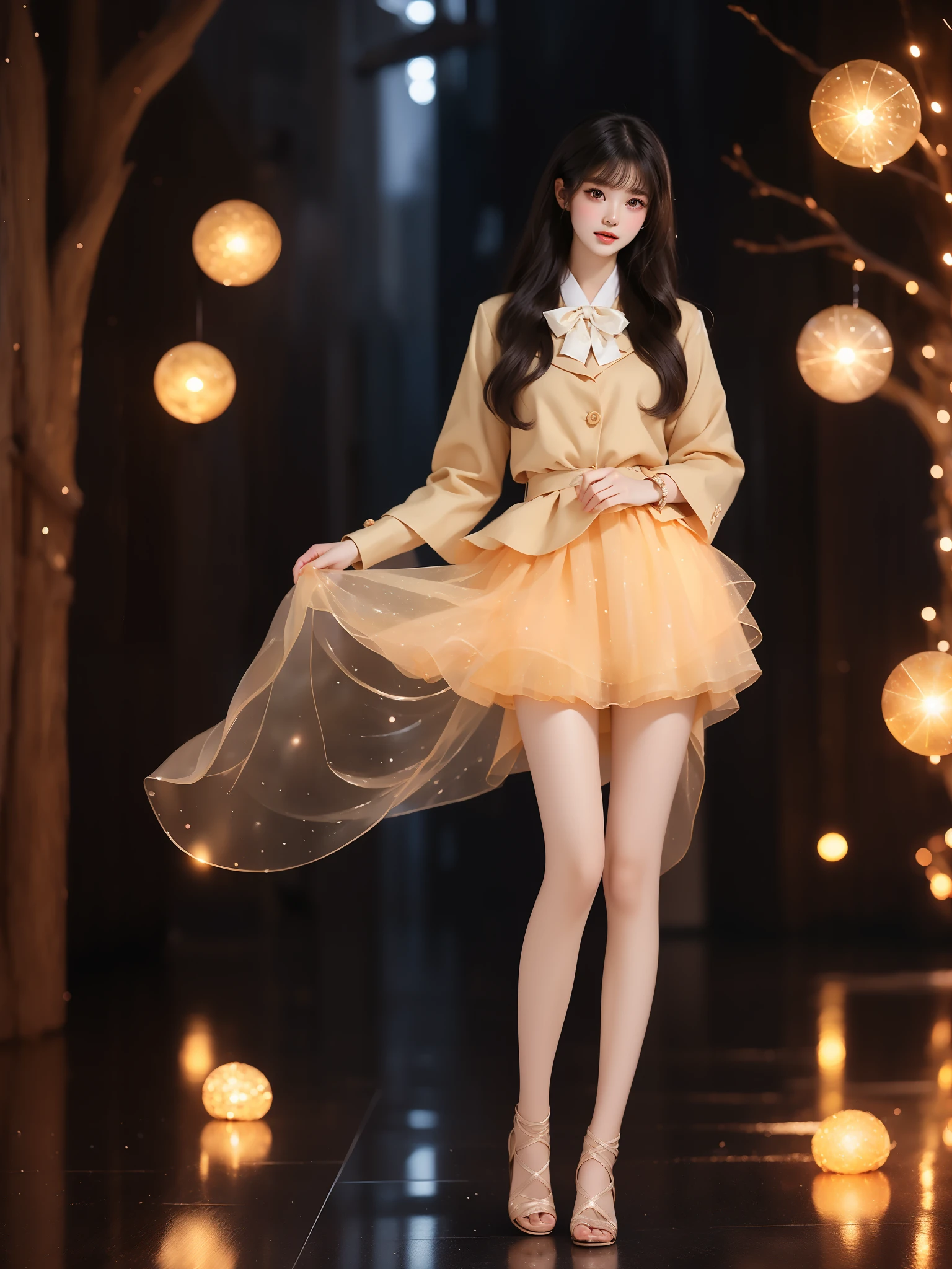 nogizaka_costume ((full body)), (Asian beauty: 1.3), girl, solo, (toned body: 1.2), (naturally large breasts: 1.1), (visible cleavage: 0.8), (smooth flawless skin: 1.2), (perfect anatomical proportions: 1.3), (anatomically correct legs: 1.3), (elegantly long legs: 1.3), 1.1) Hands gently lift the skirt, (detailed features: 1.2), (big bright eyes: 1.1), (long eyelashes: 1.1), charming smile, gentle and confident expression, Head slightly tilted, long flowing hair, (night scene: 1.1), (starry sky: 1.0), (space background: 0.9), (professional soft light: 1.2), (warm tone: 1.1), (Masterpiece: 1.4), (Super Detail: 1.3), (Sharp focus: 1.2), (Realistic: 1.2), (Hi-Fi: 1.1)