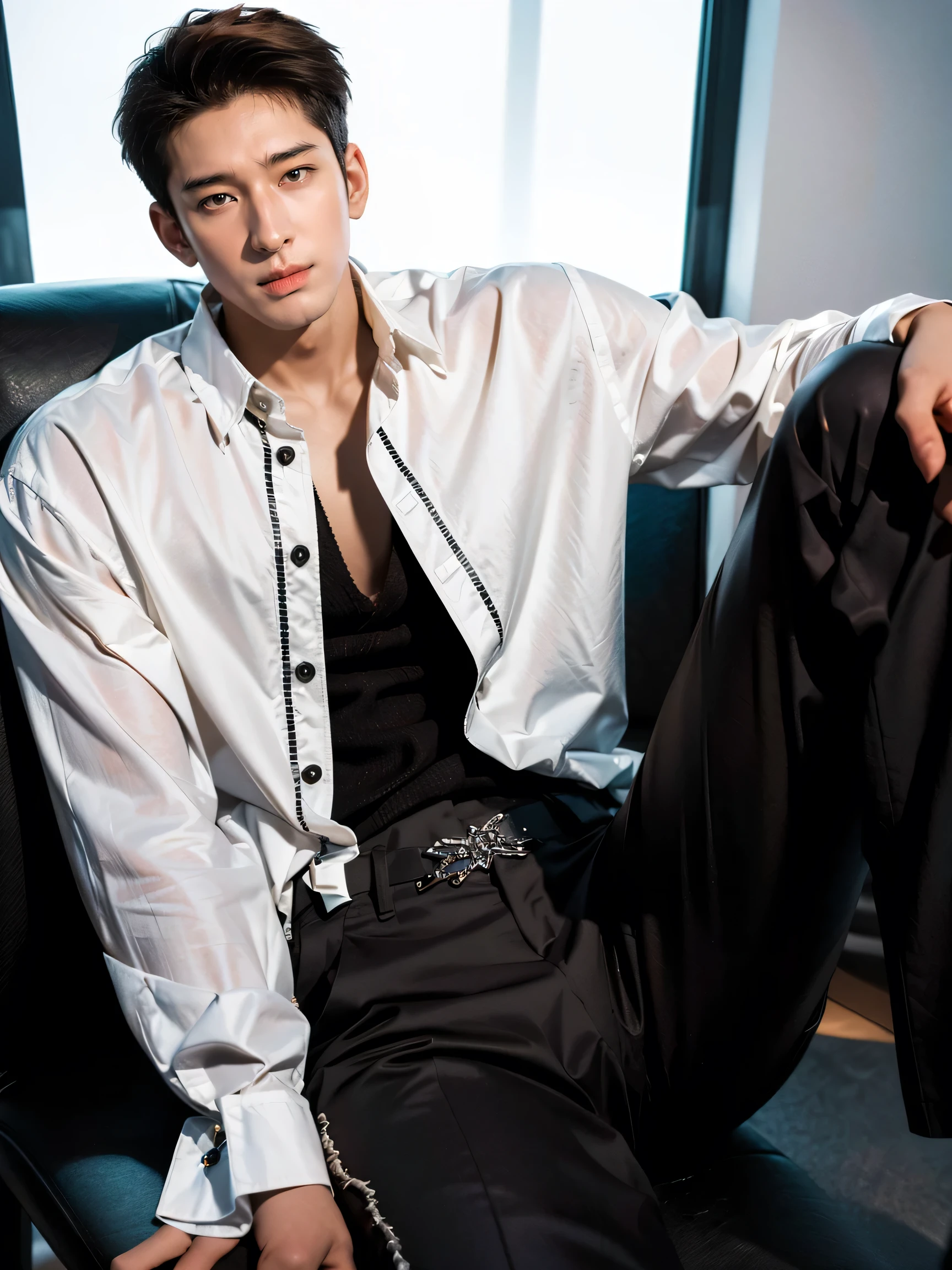 photography, masterpiece, best quality, 8k, highres, A Yung man，20 years old，Height 190cm,Tall model figure,(The most handsome man in the world)，(((brown hair))) , (20 years old asian man:2) ,(black eyes),  ((Korean man)), (((Asian Men))),handsome, with a sexy body, He poses handsomely，He is a Korean idol，((half body to knees shot))，(digital photography,realistic,Photorealistic,Photoreal) ,(bestquality), (top-quality), (high-level image quality), (macular man ),(dark skin:1.9),(macular man ),((alone)) ,(long pants),Korean Fashion,((complete clothes))，(((buttoned shirt))),(((buttoned shirt))),( long Pants)，short sleeve shirt,trousers, shirt ，oversized，belt, short hair， Special Design shirt ，Fashion shirt ,Black and White Dress , relaxed pose,trousers, handsomely sitting on chair ， trousers