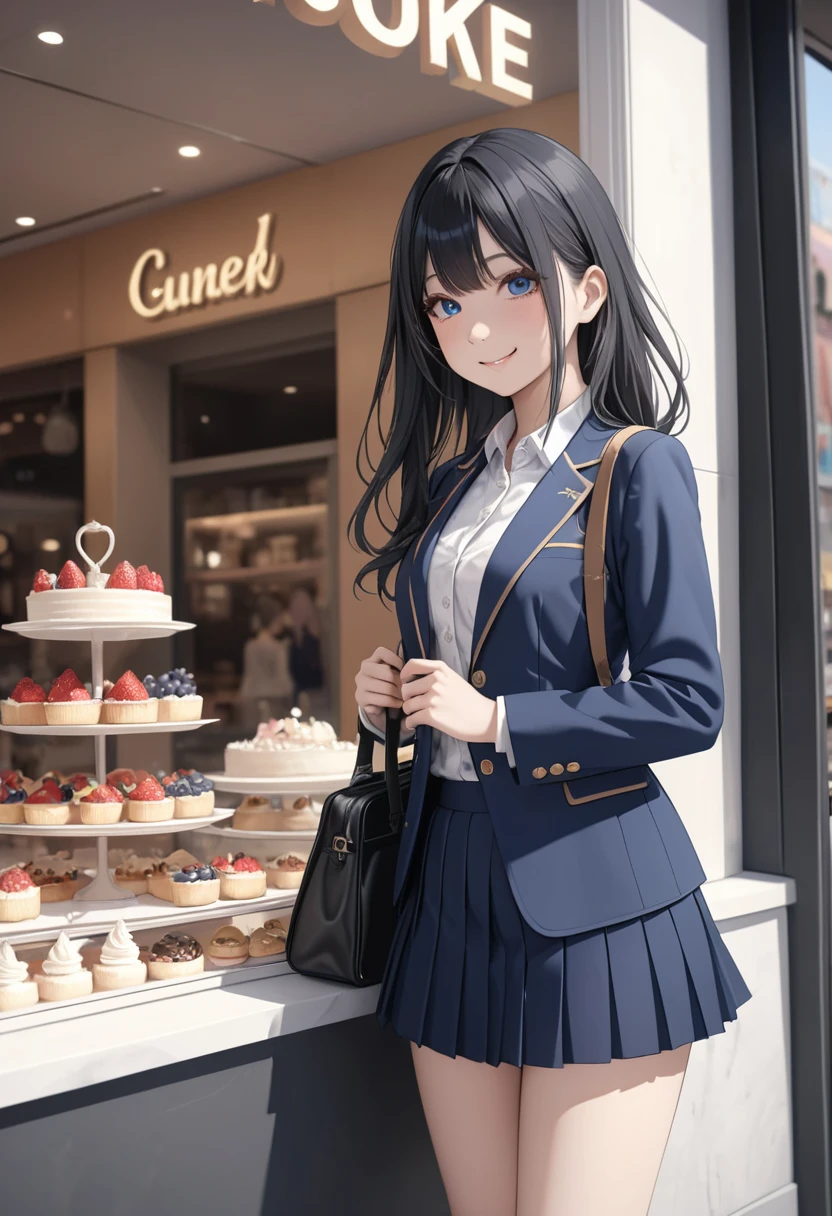 very cute and beautiful girl,teen,(highly detailed beautiful face and eyes),
(blue blazer , pleated mini skirt),standing in front of cake shop show window,
(smile:1.2),cowboy shot,holding school bag,,black hair,downtown street,
(best quality,masterpiece:1.0),absurdres,highres,ultra-detailed,extremely detailed,32k,8k resolution,
intricate details,cinematic scene,detailed background,solo,dynamic angle,hair fluttering in the wind,