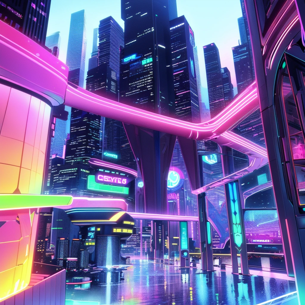 "A breathtaking futuristic cityscape filled with vibrant, neon colors and advanced architecture. The skyline is adorned with towering skyscrapers that feature unique, sleek designs, incorporating curved edges, glass exteriors, and high-tech elements. Between buildings, suspended sky bridges and glass walkways connect the city in a web of shimmering lights. Neon signs glow in intense blues, purples, and greens, casting a surreal light over the surroundings. Vehicles hover and glide smoothly through the air, and on the ground, bioluminescent plants add a touch of nature amidst the technology. The sky is a dramatic blend of deep purple and electric blue, dotted with stars that enhance the city’s otherworldly, futuristic feel."