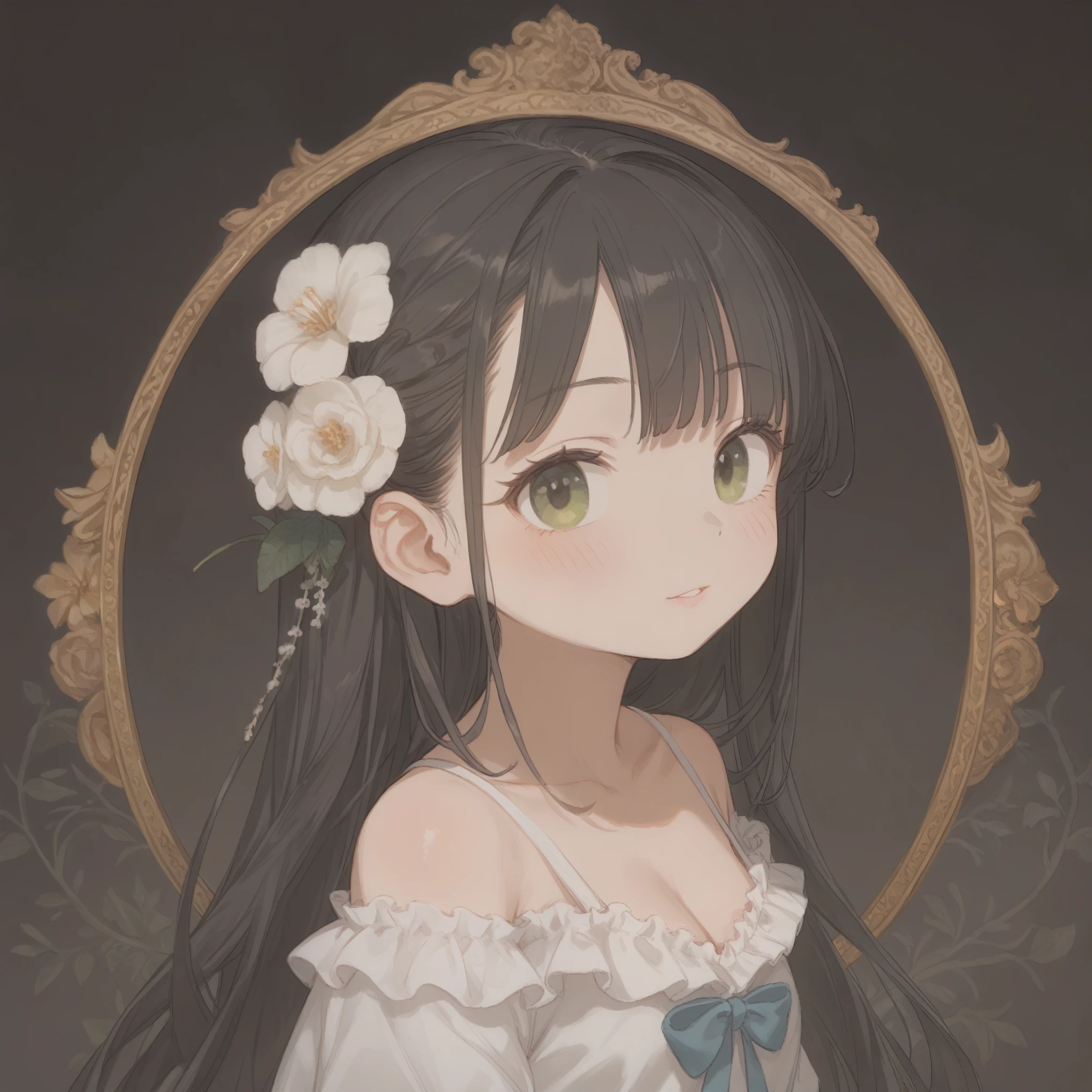 1girl\(cute,chibi, white skin, pale skin,(wearing ((simple)) black hood:1.4),(black robe\(hood,white embroidery flower pattern, at edge\):1.3), ((white frilly dress)), (wearing black glasses:1.4), (((green eyes))), black boots, white hair, bangs, short bob hair, (holding teddybear\(brown,fluffy\):1.4),(cute pose:1.3)\).background\(gothic, Various beautiful flowers are arranged geometrically\).score_9, score_8_up, score_7_up, score_6_up, score_5_up, score_4_up, source_anime,source_furry,rating_safe,rating_questionable,masterpiece, best quality, perfect anatomy , very aesthetic , absurdres,limited pallet,(dynamic angle)