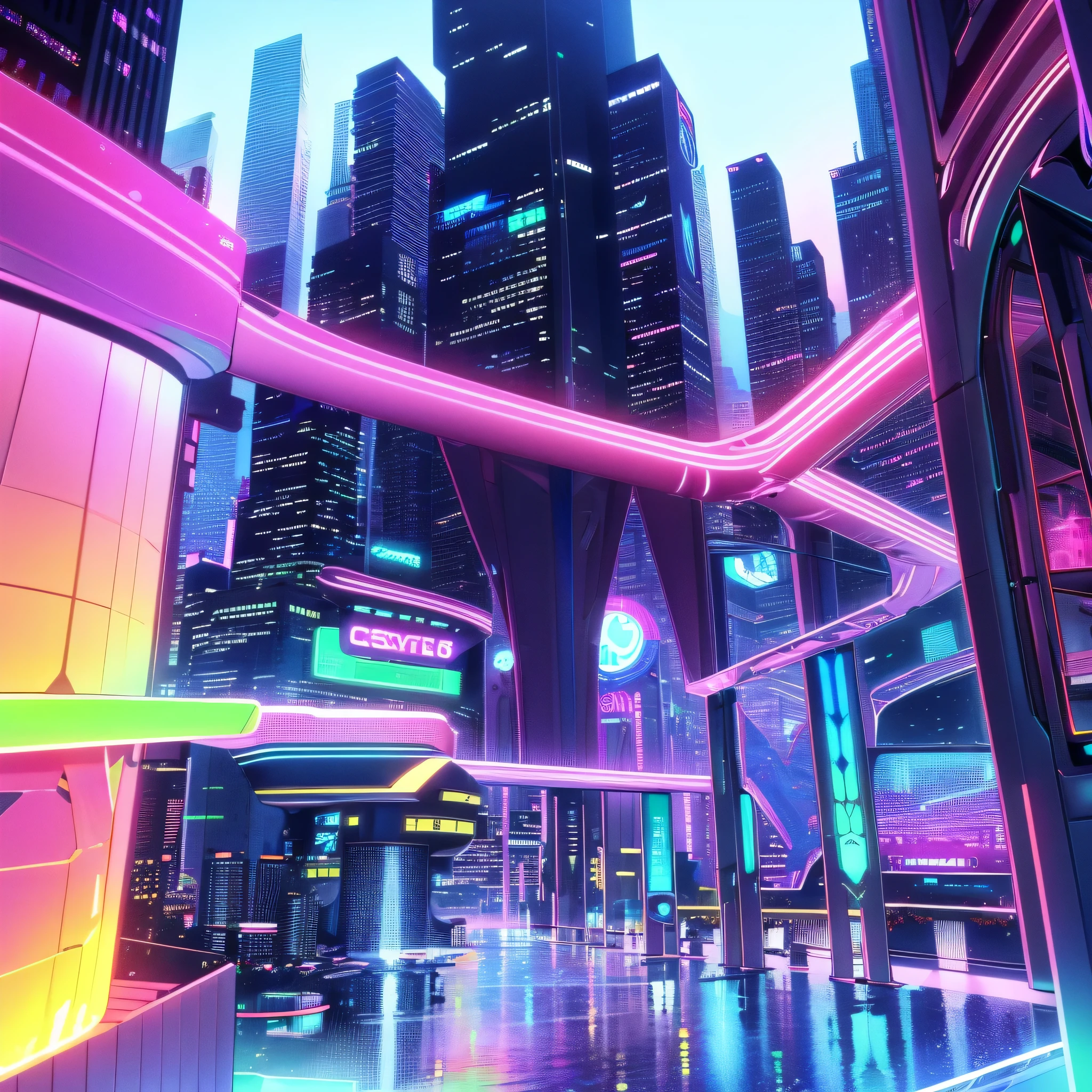 "A breathtaking futuristic cityscape filled with vibrant, neon colors and advanced architecture. The skyline is adorned with towering skyscrapers that feature unique, sleek designs, incorporating curved edges, glass exteriors, and high-tech elements. Between buildings, suspended sky bridges and glass walkways connect the city in a web of shimmering lights. Neon signs glow in intense blues, purples, and greens, casting a surreal light over the surroundings. Vehicles hover and glide smoothly through the air, and on the ground, bioluminescent plants add a touch of nature amidst the technology. The sky is a dramatic blend of deep purple and electric blue, dotted with stars that enhance the city’s otherworldly, futuristic feel."