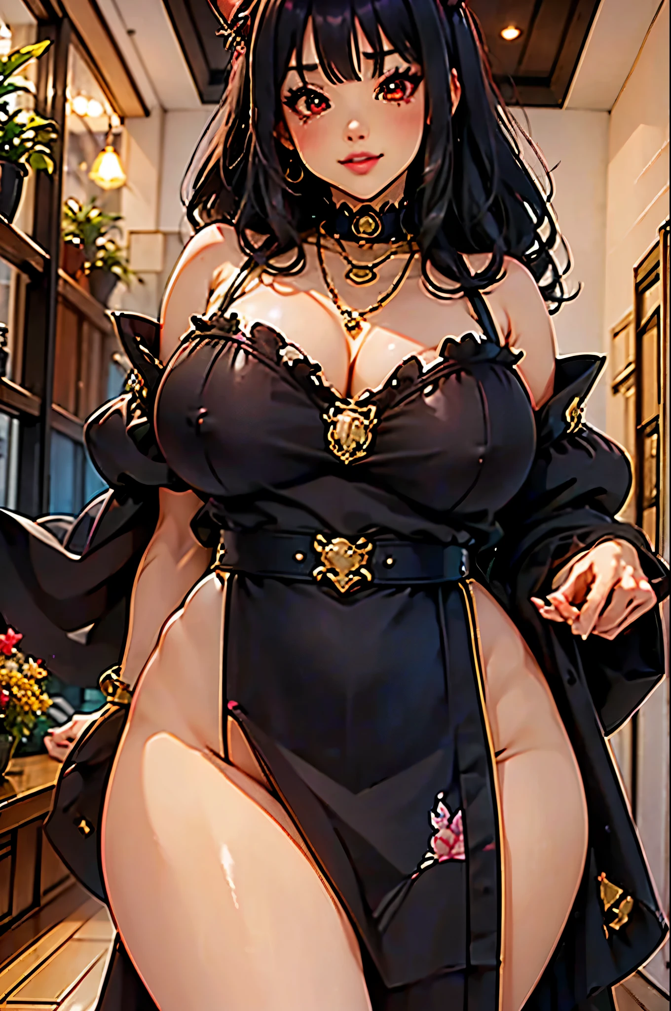 ( masterpiece , The best quality, 4k), 1 girl junkotvv, Alone, long hair, black hair, cat ears, fringe, red eyes, skirt with burberry print , mini skirt, standing, Pink room, illustration, plants, tank, necklaces, wives, from below,  gathering the hair behind the ear,  Leaning Forward, window,  thick lips, smile, fish eye,  huge breasts,  wide hips ,  thick thighs 