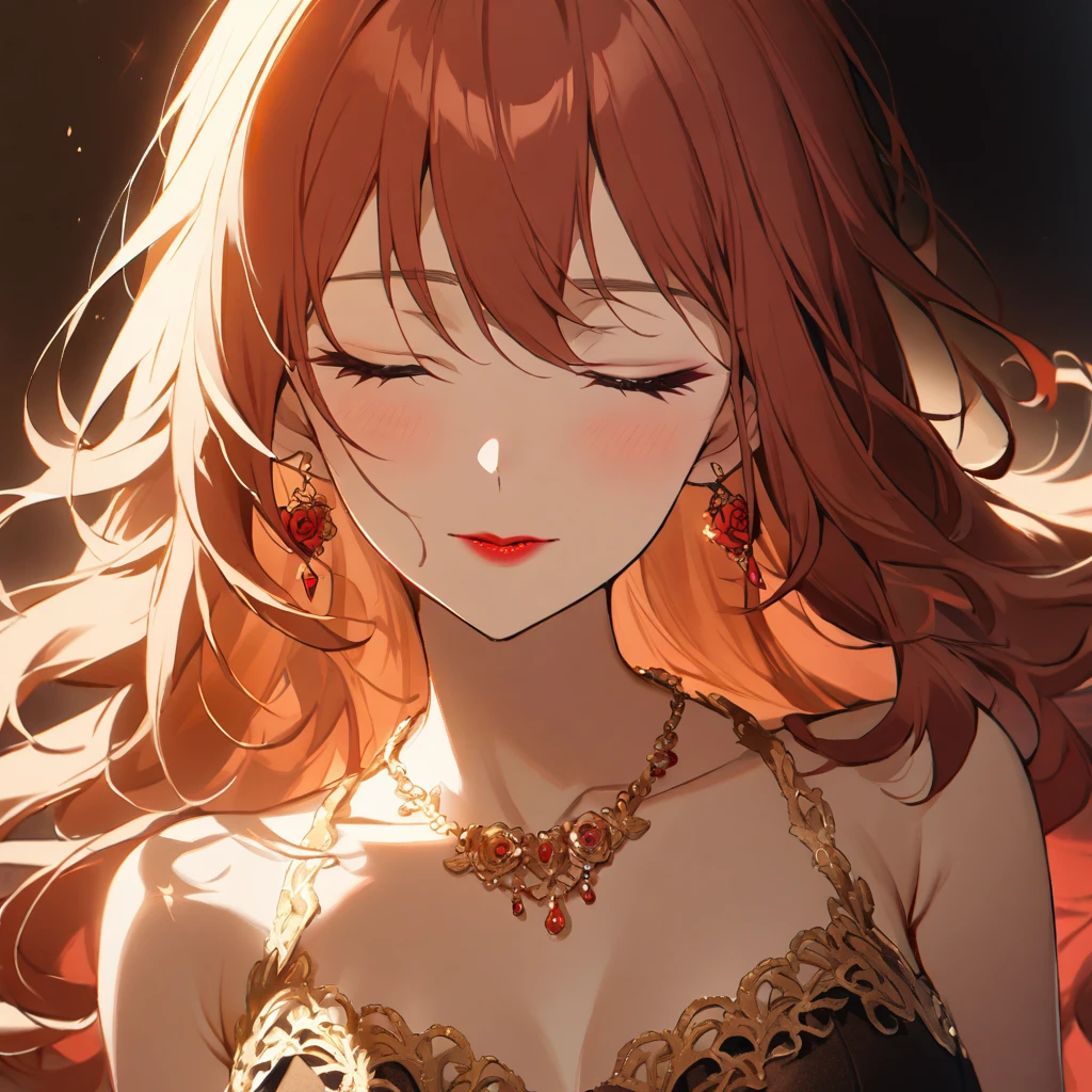 1girl, solo, long hair, red roses, eyes closed, red lipstick, red earrings, golden necklace, soft light, dark background, collarbone, necklace, golden jewelry, smooth skin, delicate features, closed eyes, red roses behind her, dark shadows, light and shadows.