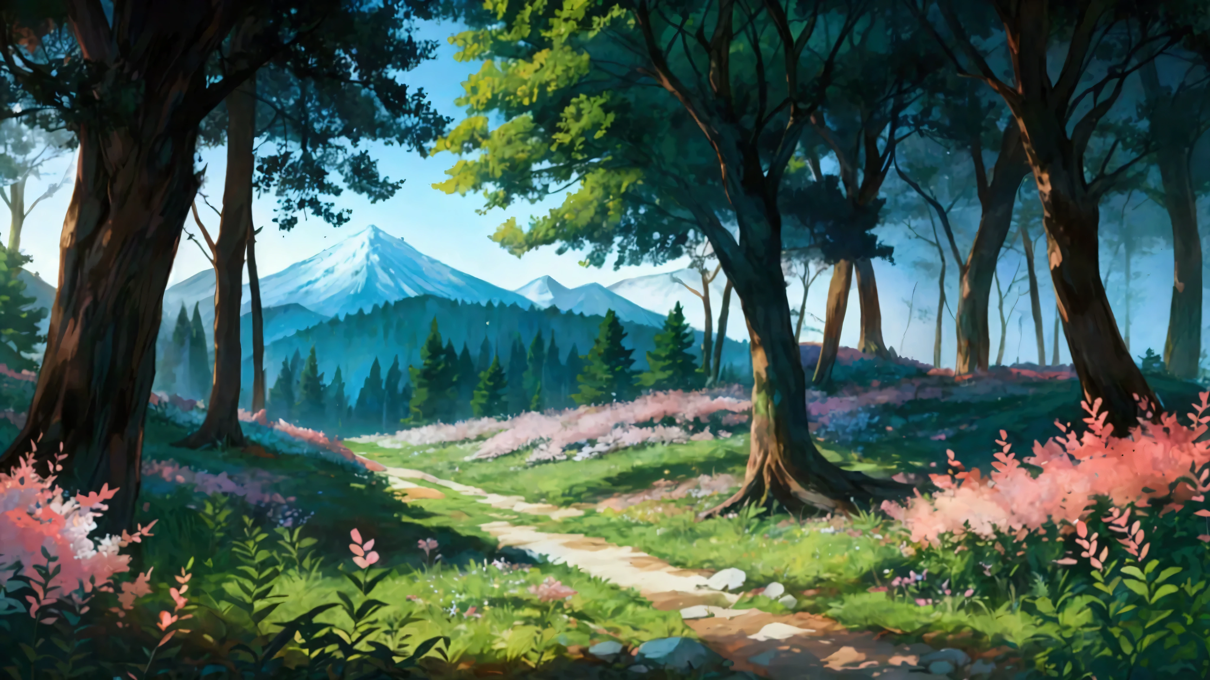 Glowing Forest Cozy Day Sparkling ,morning , Lofi anime style , landscape , natural , Small, beautiful, glowing flowers, mountain