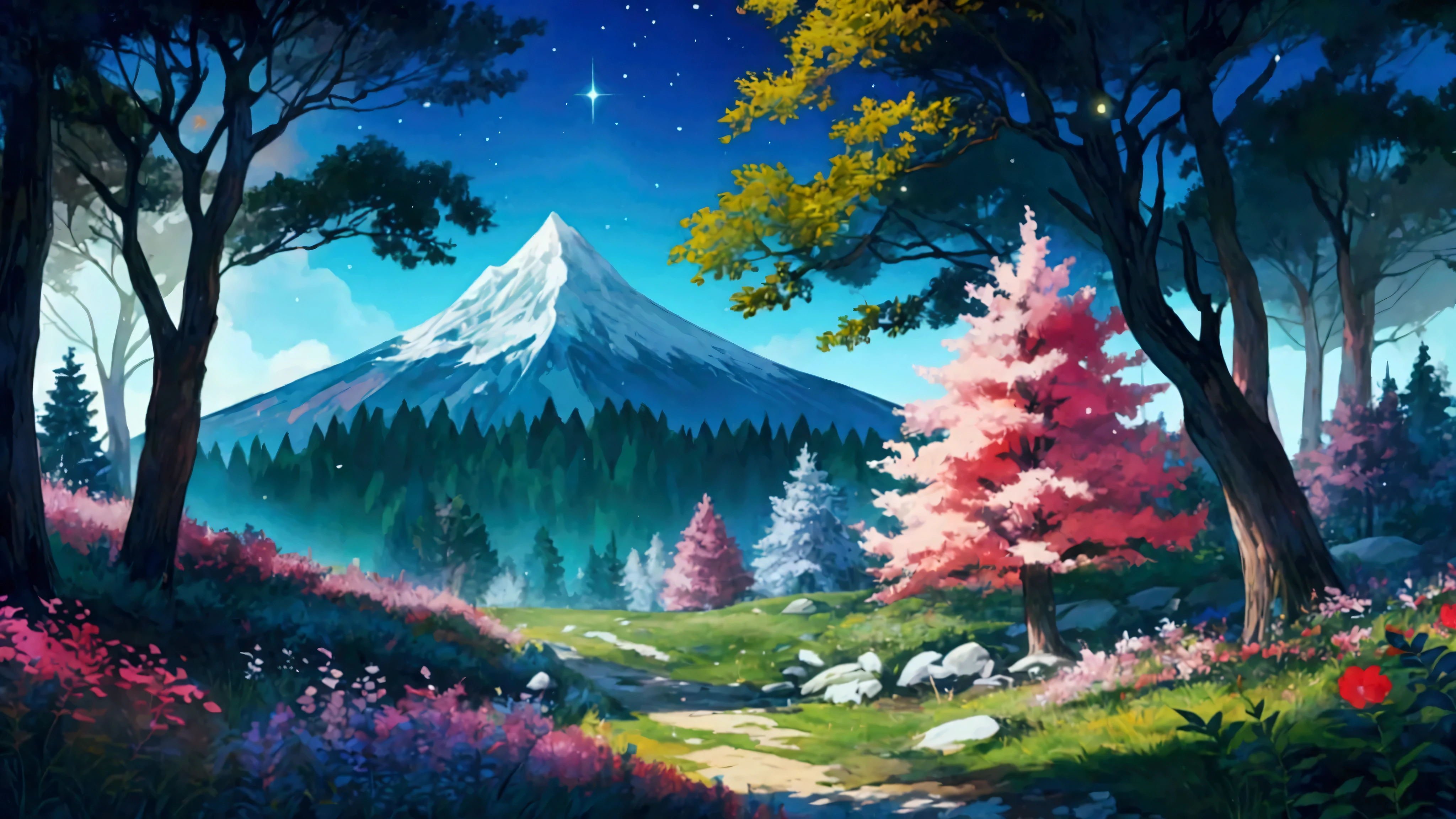 Glowing Forest Cozy Day Sparkling ,morning , Lofi anime style , landscape , natural , Small, beautiful, glowing flowers, mountain