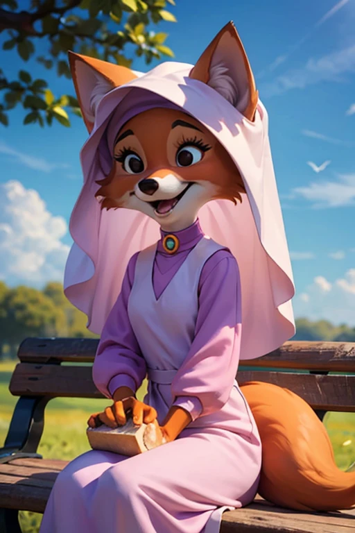 cartoon_Maid Marian _,  furry female fox holding a loaf of bread,  animal ears ,  black eyes , Animal Nose,  Orange Fur , tooth, Tail,Veil,Purple Dress,  Long Sleeve , choker,  staring at the viewer , smile, Sitting, On the bench, Blue Sky,  high quality, 