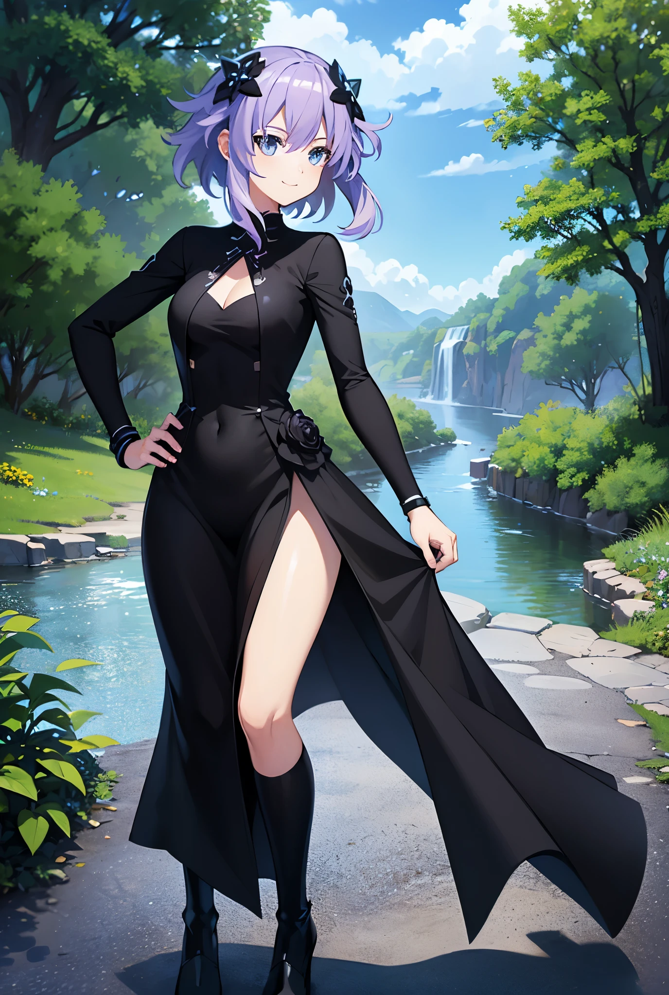Ultra-detailed fitted high-waisted black long dress with slit and stand-up, high resolution , masterpiece , The best quality, necessary, HD model, tall details , High quality, very detailed , Textured skin , UHD, foreground, Relaxed Scenery , pose with your back looking at the camera , The hips are visible, happy, smile