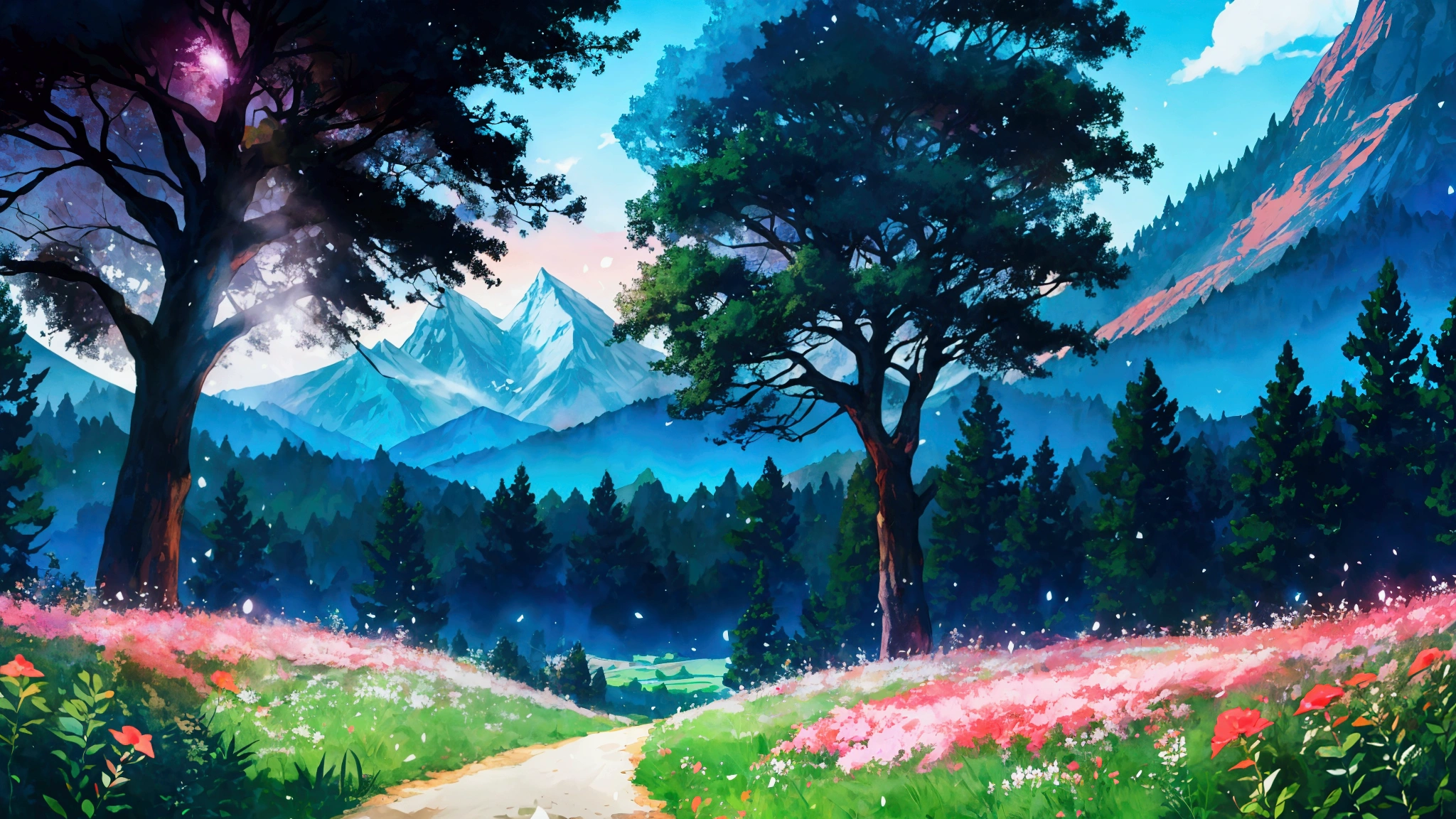 Glowing Forest Cozy Day Sparkling ,morning , Lofi anime style , landscape , natural , Small, beautiful, glowing flowers, mountain