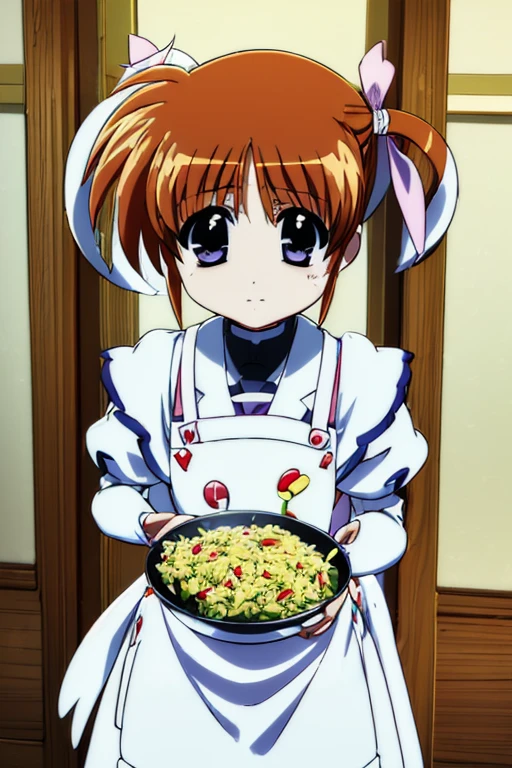 ((( Puella Magi Lyrical Nanoha · Takamachi Nanoha · Kitchen/Frying Pan。Stirring fried rice · cooking while wearing an apron )))