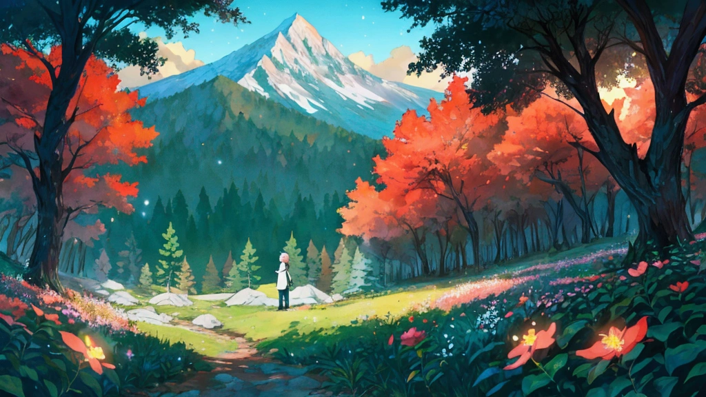 Glowing Forest Cozy Day Sparkling ,morning , Lofi anime style , landscape , natural , Small, beautiful, glowing flowers, mountain