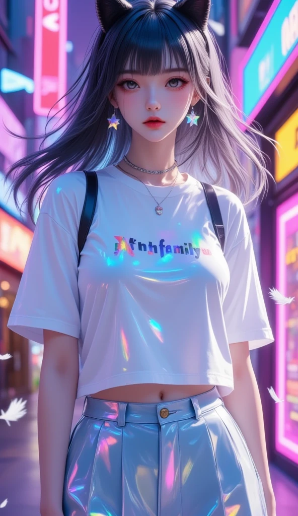 1 girl, Shiny black long hair,  black cat ear headband ,  pink lips , Beautiful face, Smile some., t-shirt,  Light Blue Skirt Style Pleated Skirt, high-heels, stand, Dynamic, " l_N family "On the shirt, , background, , walls dotted with neon colors emit light., White feathers fall like rain , Wide angle view,  high-definition vivid images,  intricate details, 3D dimensions, 3D rendering, realistic, colourful outfit,  over the truth 