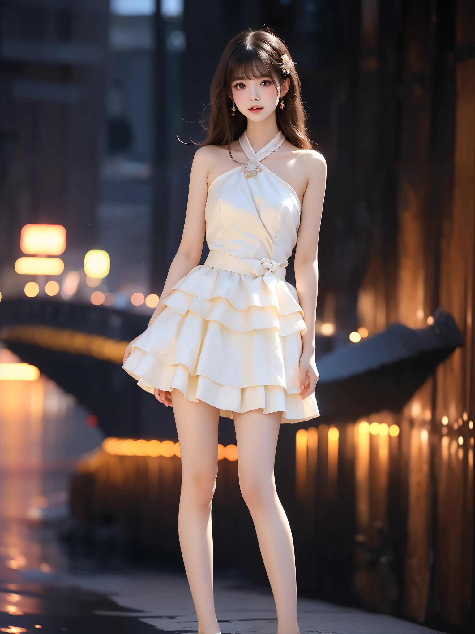 nogizaka_costume ((full body)), (Asian beauty: 1.3), girl, solo, ((single bare shoulder)), (toned body: 1.2), (naturally large breasts: 1.1), (visible cleavage: 0.8), (smooth flawless skin: 1.2), (perfect anatomical proportions: 1.3), (anatomically correct legs: 1.3), (elegantly long legs: 1.3), 1.1) Hands gently lift the skirt, (detailed features: 1.2), (big bright eyes: 1.1), (long eyelashes: 1.1), charming smile, gentle and confident expression, Head slightly tilted, long flowing hair, (night scene: 1.1), (starry sky: 1.0), (space background: 0.9), (professional soft light: 1.2), (warm tone: 1.1), (Masterpiece: 1.4), (Super Detail: 1.3), (Sharp focus: 1.2), (Realistic: 1.2), (Hi-Fi: 1.1)