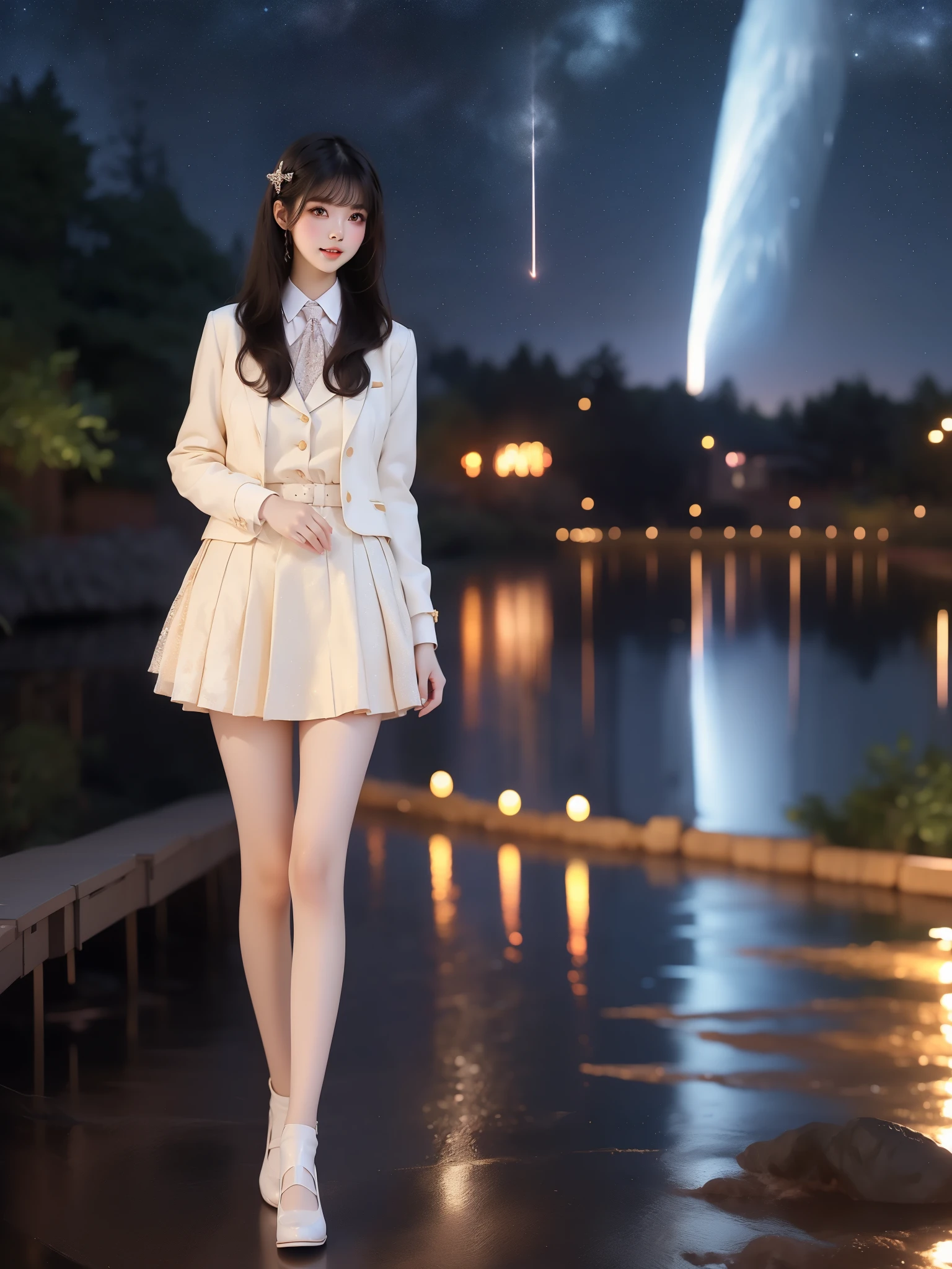 nogizaka_costume ((full body)), (Asian beauty: 1.3), girl, solo, (toned body: 1.2), (naturally large breasts: 1.1), (visible cleavage: 0.8), (smooth flawless skin: 1.2), (perfect anatomical proportions: 1.3), (anatomically correct legs: 1.3), (elegantly long legs: 1.3), 1.1) Hands gently lift the skirt, (detailed features: 1.2), (big bright eyes: 1.1), (long eyelashes: 1.1), charming smile, gentle and confident expression, Head slightly tilted, long flowing hair, (night scene: 1.1), (starry sky: 1.0), (space background: 0.9), (professional soft light: 1.2), (warm tone: 1.1), (Masterpiece: 1.4), (Super Detail: 1.3), (Sharp focus: 1.2), (Realistic: 1.2), (Hi-Fi: 1.1)