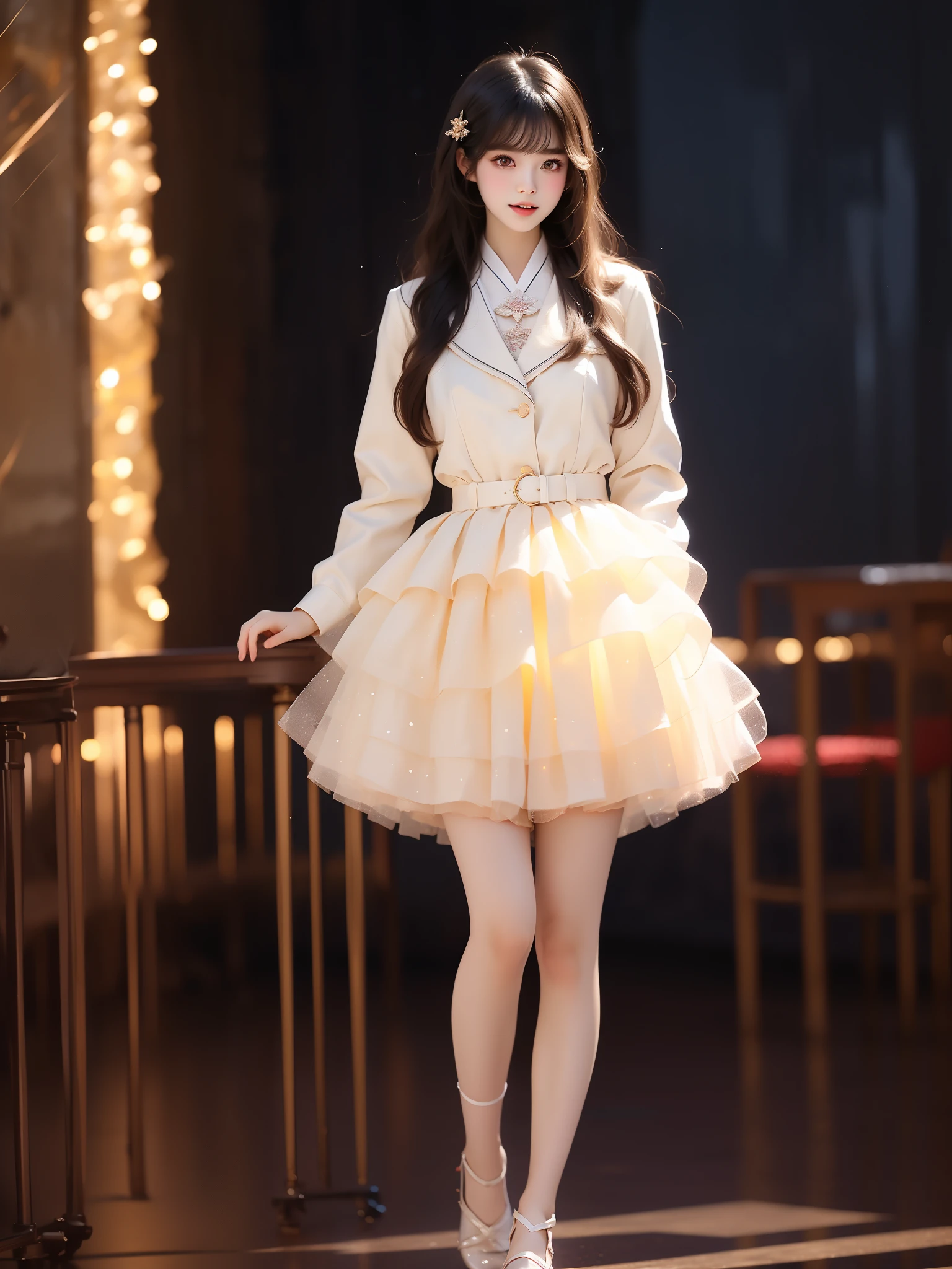 nogizaka_costume ((full body)), (Asian beauty: 1.3), girl, solo, (toned body: 1.2), (naturally large breasts: 1.1), (visible cleavage: 0.8), (smooth flawless skin: 1.2), (perfect anatomical proportions: 1.3), (anatomically correct legs: 1.3), (elegantly long legs: 1.3), 1.1) Hands gently lift the skirt, (detailed features: 1.2), (big bright eyes: 1.1), (long eyelashes: 1.1), charming smile, gentle and confident expression, Head slightly tilted, long flowing hair, (night scene: 1.1), (starry sky: 1.0), (space background: 0.9), (professional soft light: 1.2), (warm tone: 1.1), (Masterpiece: 1.4), (Super Detail: 1.3), (Sharp focus: 1.2), (Realistic: 1.2), (Hi-Fi: 1.1)