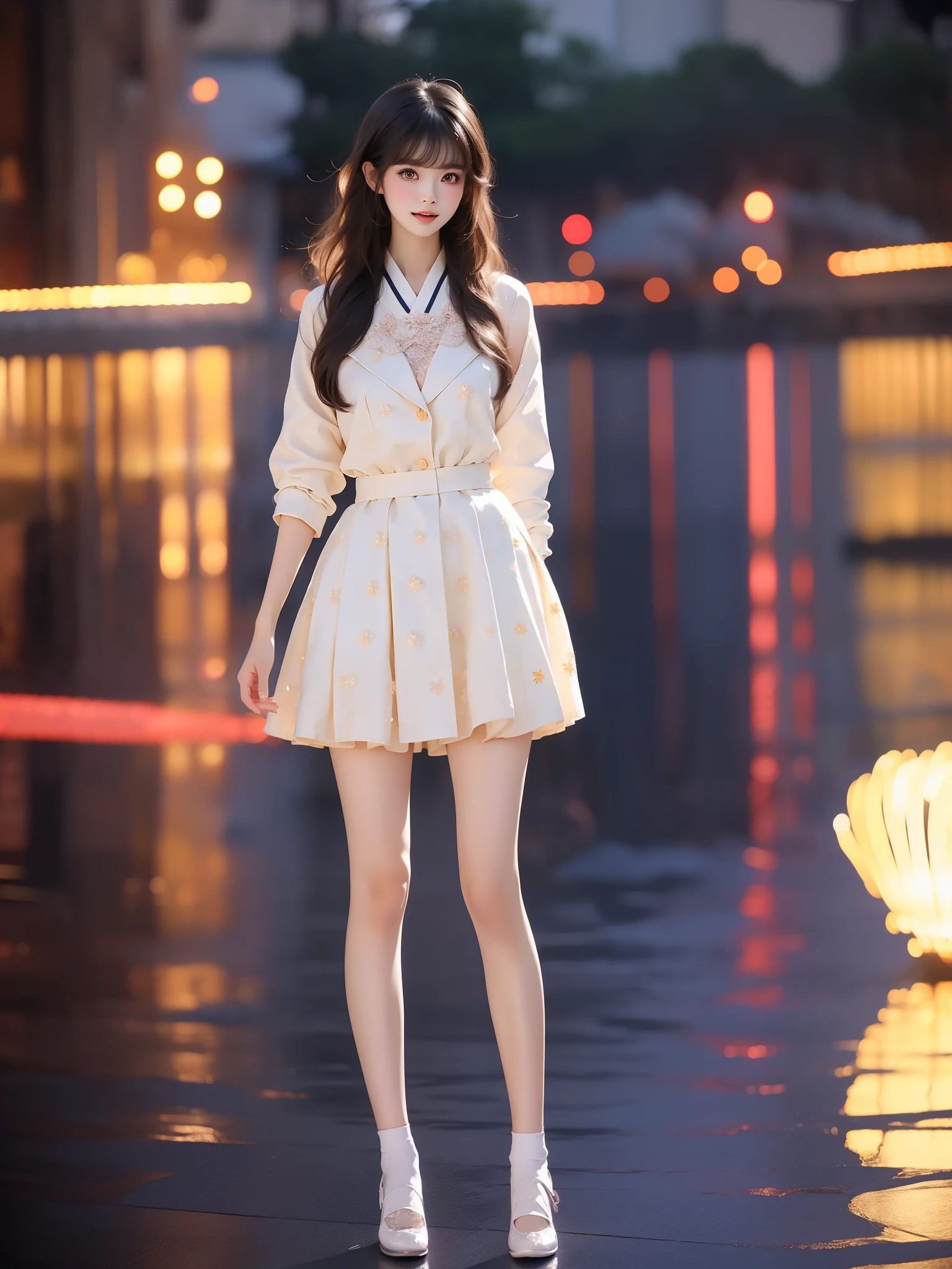 nogizaka_costume ((full body)), (Asian beauty: 1.3), girl, solo, (toned body: 1.2), (naturally large breasts: 1.1), (visible cleavage: 0.8), (smooth flawless skin: 1.2), (perfect anatomical proportions: 1.3), (anatomically correct legs: 1.3), (elegantly long legs: 1.3), 1.1) Hands gently lift the skirt, (detailed features: 1.2), (big bright eyes: 1.1), (long eyelashes: 1.1), charming smile, gentle and confident expression, Head slightly tilted, long flowing hair, (night scene: 1.1), (starry sky: 1.0), (space background: 0.9), (professional soft light: 1.2), (warm tone: 1.1), (Masterpiece: 1.4), (Super Detail: 1.3), (Sharp focus: 1.2), (Realistic: 1.2), (Hi-Fi: 1.1)