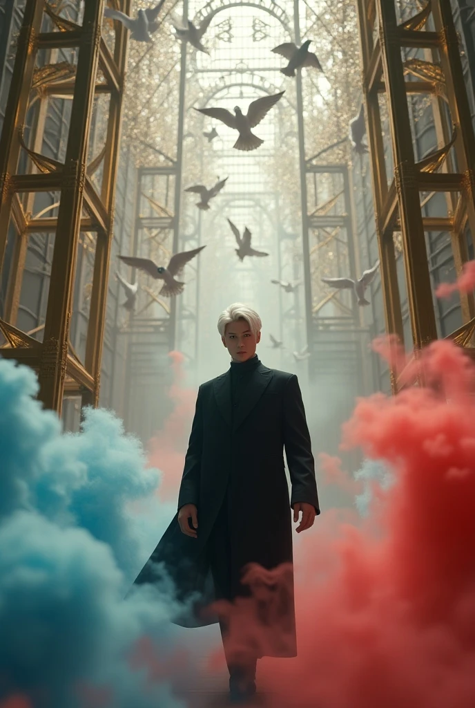 A handsome young Korean man with short white hair faces the camera directly. He wears a dark formal outfit and walks through a structure decorated like a giant golden birdcage, surrounded by swirling clouds and red-blue smoke, with numerous white birds flying around him. The scene has a surreal and enchanting atmosphere with captivating lighting and stunning visuals.