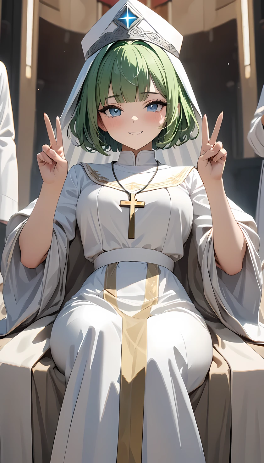 (((Best quality, 8k, Masterpiece: 1.3)), ((best quality)), ((masterpiece)), (detailed), perfect face, high detailed fingers, green hair, short hair, tokin hat, tiara, Saint Lucia, Priest, Both hands making a V sign, robe, Big cross necklace, gold cross, Clerical clothing