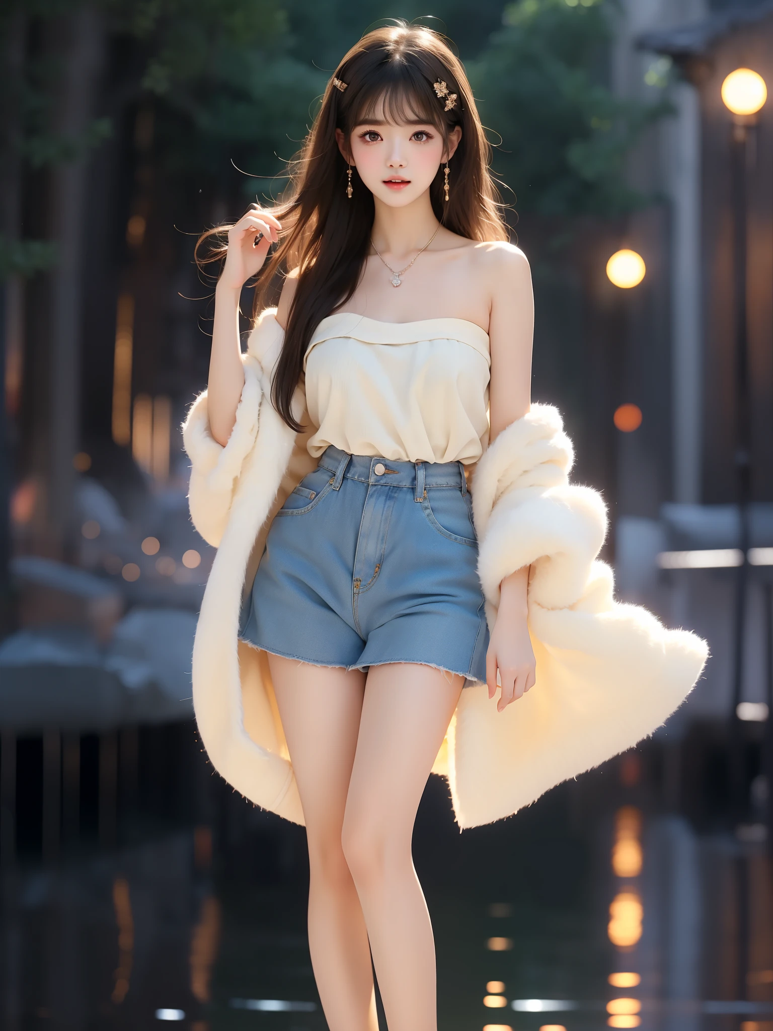 nogizaka_costume ((full body)), (Asian beauty: 1.3), girl, solo, ((single bare shoulder)), (toned body: 1.2), (naturally large breasts: 1.1), (visible cleavage: 0.8), (smooth flawless skin: 1.2), (perfect anatomical proportions: 1.3), (anatomically correct legs: 1.3), (elegantly long legs: 1.3), 1.1) Hands gently lift the skirt, (detailed features: 1.2), (big bright eyes: 1.1), (long eyelashes: 1.1), charming smile, gentle and confident expression, Head slightly tilted, long flowing hair, (night scene: 1.1), (starry sky: 1.0), (space background: 0.9), (professional soft light: 1.2), (warm tone: 1.1), (Masterpiece: 1.4), (Super Detail: 1.3), (Sharp focus: 1.2), (Realistic: 1.2), (Hi-Fi: 1.1)