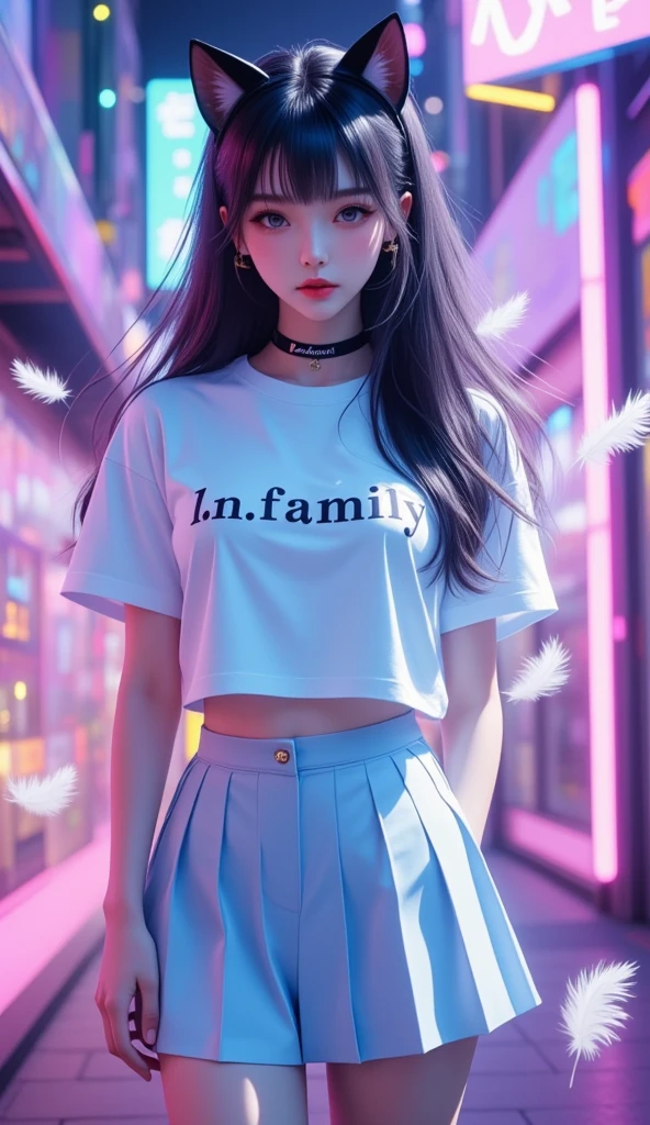 1 girl, Shiny black long hair,  black cat ear headband ,  pink lips , Beautiful face, Smile some., t-shirt,  Light Blue Skirt Style Pleated Skirt, high-heels, stand, Dynamic, " l_N family "On the shirt, , background, . The wall is dotted with neon colors emitting light, White feathers fall like rain , High angle image seen from the side ,  high-definition vivid images,  intricate details, 3D dimensions, 3D rendering, realistic, colourful outfit,  over the truth 