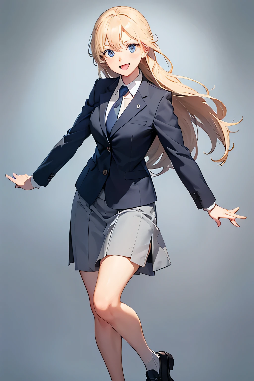 (Masterpiece: 1.1 points), (First Class: 1.1 points), (Perfect face: 1.1 points), (Attention to detail: 1.1 points), Unique, (Healthy skin tone), Cartoon, Deformed, Full body, White skin, (Long blond glossy hair), Business office worker look, (Light gray business suit: 1.1 points) (light gray business suit: 1.1 points), white cutter shirt, blue tie, navy blue short skirt, blue eyes, (cartoon style with wide open mouth smiling) teeth are mouthpiece, looking at camera, frontal face, upright, background,
