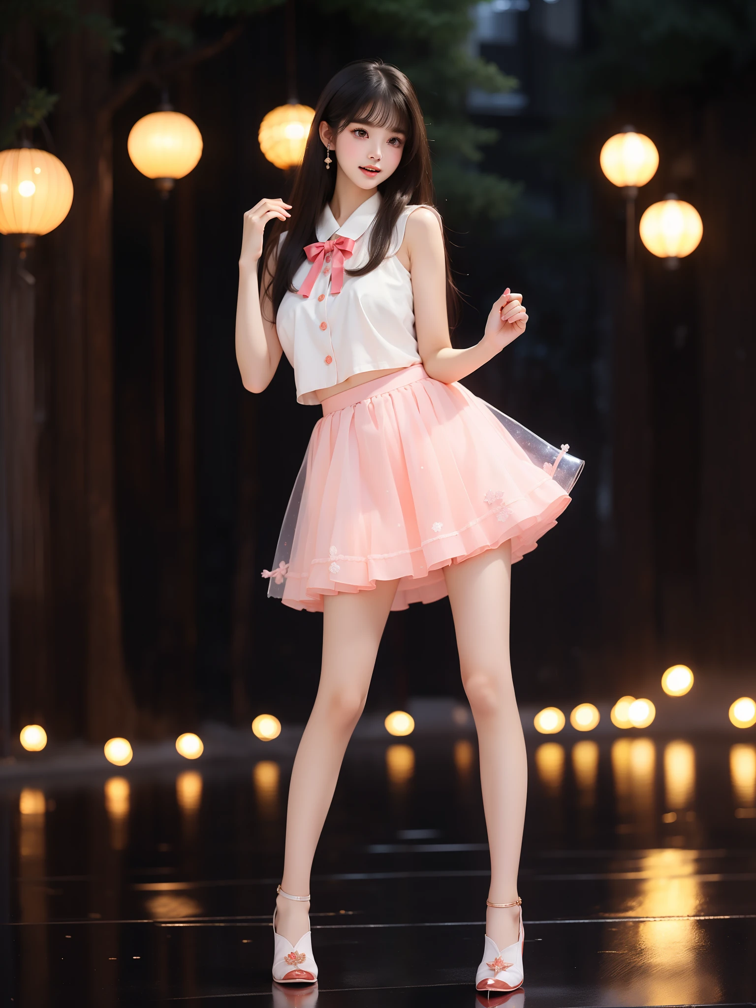 nogizaka_costume ((full body)), (Asian beauty: 1.3), girl, solo, (toned body: 1.2), (naturally large breasts: 1.1), (visible cleavage: 0.8), (smooth flawless skin: 1.2), (perfect anatomical proportions: 1.3), (anatomically correct legs: 1.3), (elegantly long legs: 1.3), 1.1) Hands gently lift the skirt, (detailed features: 1.2), (big bright eyes: 1.1), (long eyelashes: 1.1), charming smile, gentle and confident expression, Head slightly tilted, long flowing hair, (night scene: 1.1), (starry sky: 1.0), (space background: 0.9), (professional soft light: 1.2), (warm tone: 1.1), (Masterpiece: 1.4), (Super Detail: 1.3), (Sharp focus: 1.2), (Realistic: 1.2), (Hi-Fi: 1.1)