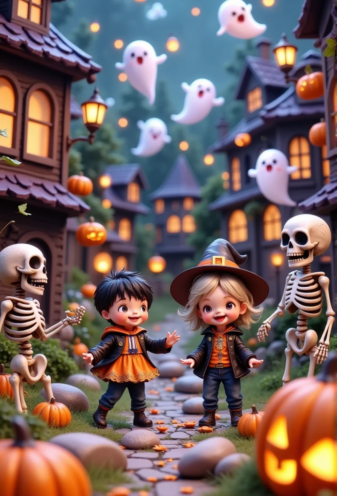 Micro Landscape。Halloween music festival。Adorable kids and skeletons。Pumpkins and ghosts。