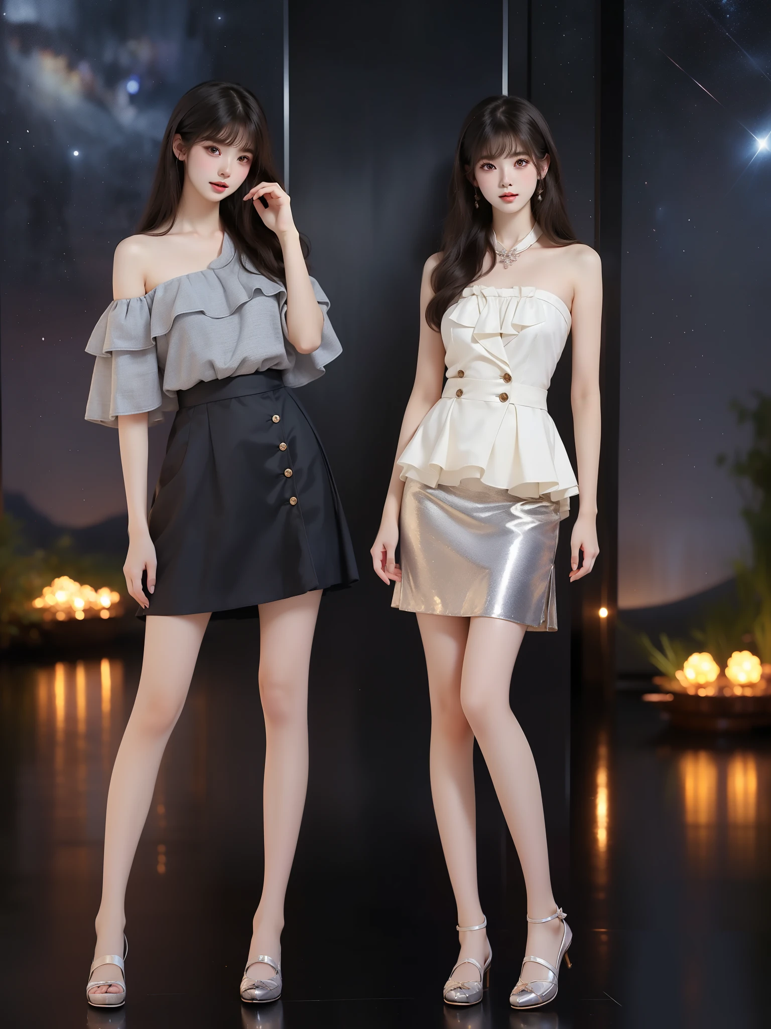 nogizaka_costume ((full body)), (Asian beauty: 1.3), girl, solo, ((single bare shoulder)), (toned body: 1.2), (naturally large breasts: 1.1), (visible cleavage: 0.8), (smooth flawless skin: 1.2), (perfect anatomical proportions: 1.3), (anatomically correct legs: 1.3), (elegantly long legs: 1.3), 1.1) Hands gently lift the skirt, (detailed features: 1.2), (big bright eyes: 1.1), (long eyelashes: 1.1), charming smile, gentle and confident expression, Head slightly tilted, long flowing hair, (night scene: 1.1), (starry sky: 1.0), (space background: 0.9), (professional soft light: 1.2), (warm tone: 1.1), (Masterpiece: 1.4), (Super Detail: 1.3), (Sharp focus: 1.2), (Realistic: 1.2), (Hi-Fi: 1.1)