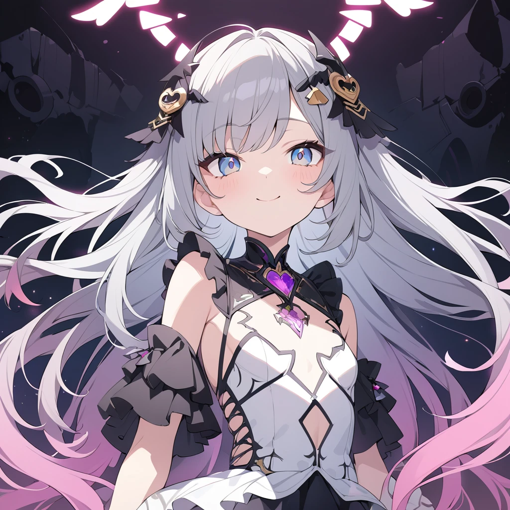 Absurd,anime,Detailed and beautiful eyes,(art),(artistic clothing:1.5),angel,gray hair,smile,(a girl:1.5),from the waist up,(small breasts:1.2),(small chest:1.2),mysterious,fallen Angel,Hello,(Large detailed hair ornament:1.2),(look away:1.5),detailed clothes,Flashy Moves,Mechanical,masterpiece, moe kawaii,abyss,luster,lame,(ultra detailed:1.2), ((highest quality)) ,Extremely Delicately Beautiful ,64k