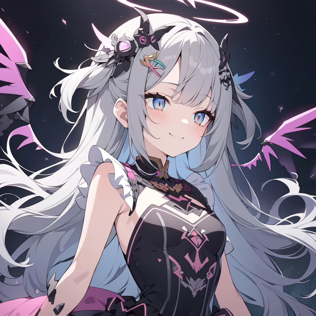 Absurd,anime,Detailed and beautiful eyes,(art),(artistic clothing:1.5),angel,gray hair,smile,(a girl:1.5),from the waist up,(small breasts:1.2),(small chest:1.2),mysterious,fallen Angel,Hello,(Large detailed hair ornament:1.2),(look away:1.5),detailed clothes,Flashy Moves,Mechanical,masterpiece, moe kawaii,abyss,luster,lame,(ultra detailed:1.2), ((highest quality)) ,Extremely Delicately Beautiful ,64k