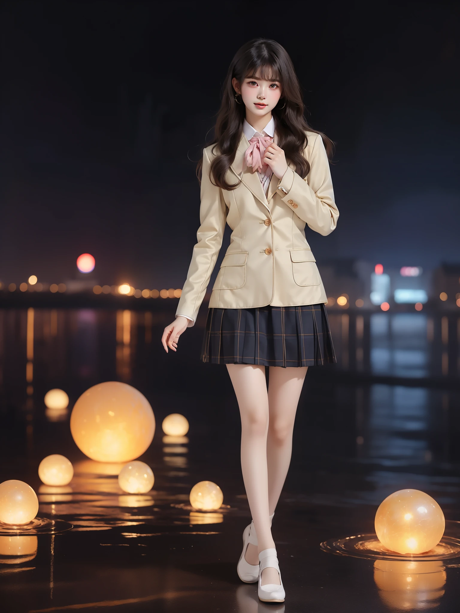nogizaka_costume ((full body)), (Asian beauty: 1.3), girl, solo, (toned body: 1.2), (naturally large breasts: 1.1), (visible cleavage: 0.8), (smooth flawless skin: 1.2), (perfect anatomical proportions: 1.3), (anatomically correct legs: 1.3), (elegantly long legs: 1.3), 1.1) Hands gently lift the skirt, (detailed features: 1.2), (big bright eyes: 1.1), (long eyelashes: 1.1), charming smile, gentle and confident expression, Head slightly tilted, long flowing hair, (night scene: 1.1), (starry sky: 1.0), (space background: 0.9), (professional soft light: 1.2), (warm tone: 1.1), (Masterpiece: 1.4), (Super Detail: 1.3), (Sharp focus: 1.2), (Realistic: 1.2), (Hi-Fi: 1.1)