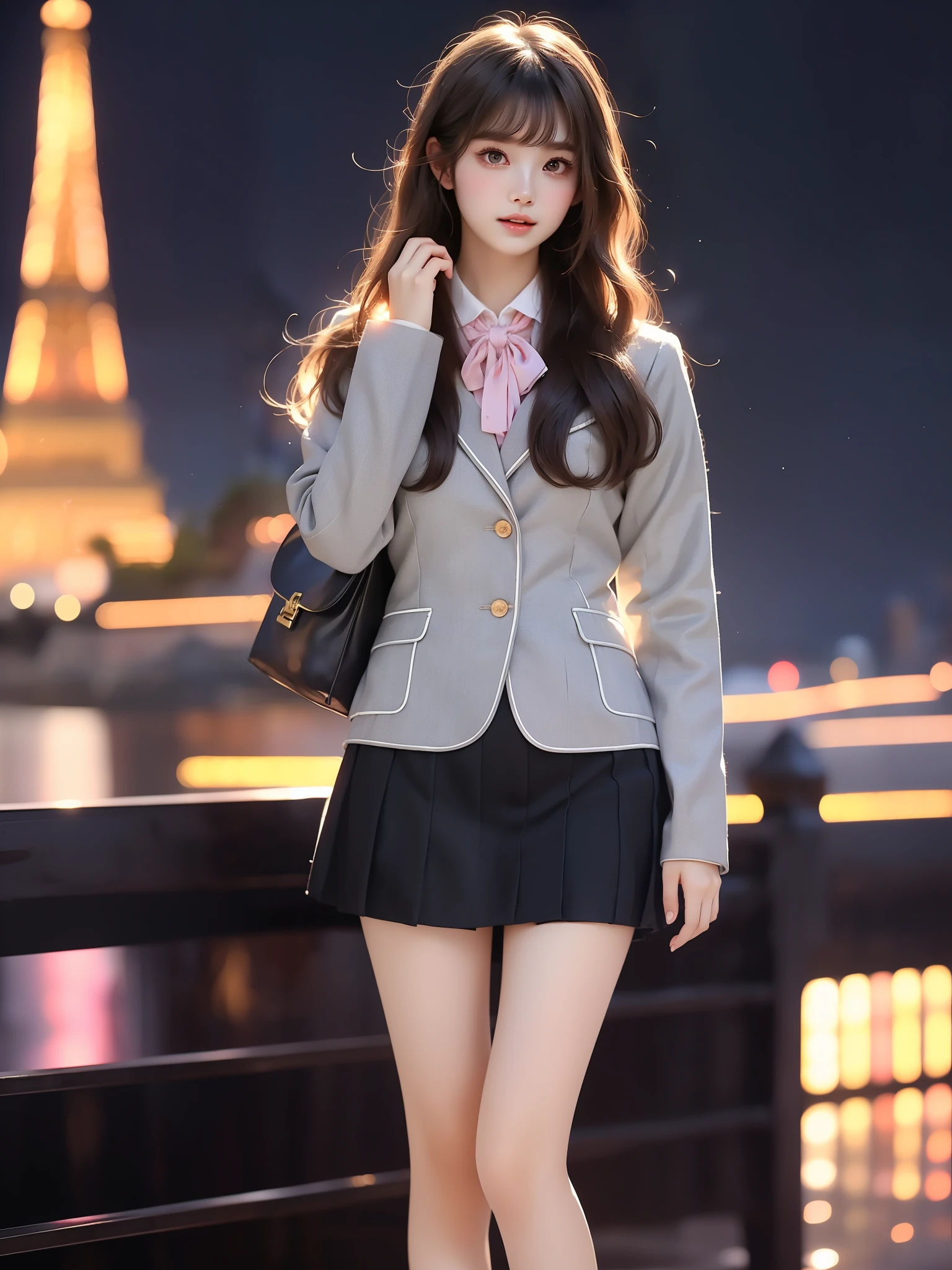 nogizaka_costume ((full body)), (Asian beauty: 1.3), girl, solo, (toned body: 1.2), (naturally large breasts: 1.1), (visible cleavage: 0.8), (smooth flawless skin: 1.2), (perfect anatomical proportions: 1.3), (anatomically correct legs: 1.3), (elegantly long legs: 1.3), 1.1) Hands gently lift the skirt, (detailed features: 1.2), (big bright eyes: 1.1), (long eyelashes: 1.1), charming smile, gentle and confident expression, Head slightly tilted, long flowing hair, (night scene: 1.1), (starry sky: 1.0), (space background: 0.9), (professional soft light: 1.2), (warm tone: 1.1), (Masterpiece: 1.4), (Super Detail: 1.3), (Sharp focus: 1.2), (Realistic: 1.2), (Hi-Fi: 1.1)
