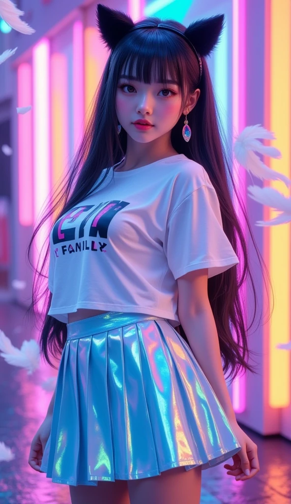 1 girl, Shiny black long hair,  black cat ear headband ,  pink lips , Beautiful face, Smile some., t-shirt,  Light Blue Skirt Style Pleated Skirt, high-heels, stand, Dynamic, " L N family "On the shirt, , background, , walls dotted with neon colors emit light., White feathers fall like rain , High angle image seen from the side ,  high-definition vivid images,  intricate details, 3D dimensions, 3D rendering, realistic, colourful outfit,  over the truth 