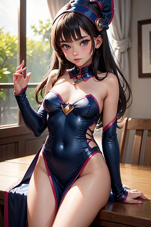 Highest Resolution,Highest quality,A beautiful girl in a Chinese leotard crying,Bun Hair,Dark bedroom,Tears,Open your mouth and drool,whole body,front,Sweat profusely,Beautiful eyes,Lots of saliva,High leg,