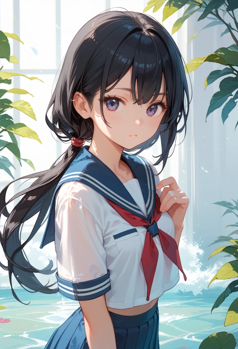 score_9,score_8_up,score_7_up,Long Hair,Low Ponytail,Black Hair,Small breasts,Sailor suit