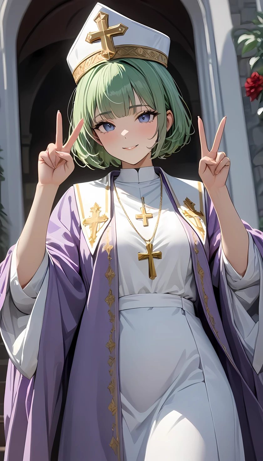 (((Best quality, 8k, Masterpiece: 1.3)), ((best quality)), ((masterpiece)), (detailed), perfect face, high detailed fingers, green hair, short hair, tokin hat, tiara, Saint Lucia, Priest, Both hands making a V sign, Lavender robes embroidered with gold thread, Big cross necklace, gold cross, Clerical clothing