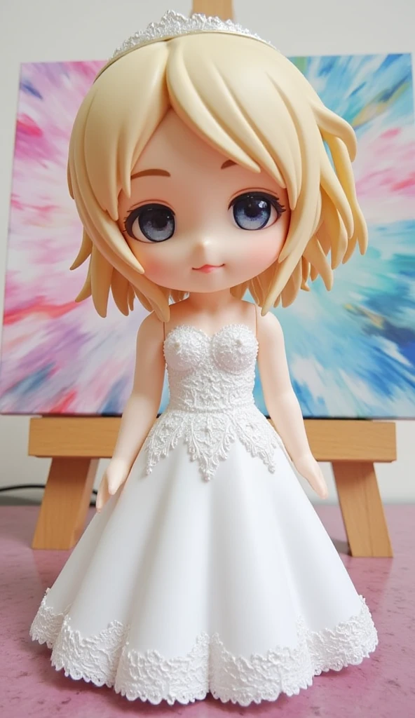 Line art、Nendoroid wearing a wedding dress standing in front of a painting、smile、 cute pose、Watercolor Nendoroid、( High Resolution Figure )、 Flowing Rainbow Silk、 face up 、Look up、heart mark、Floral Dress、season!!: summer☀ 🍂、(( Amazing painting with super multiple exposure where you can see the background through clothes )