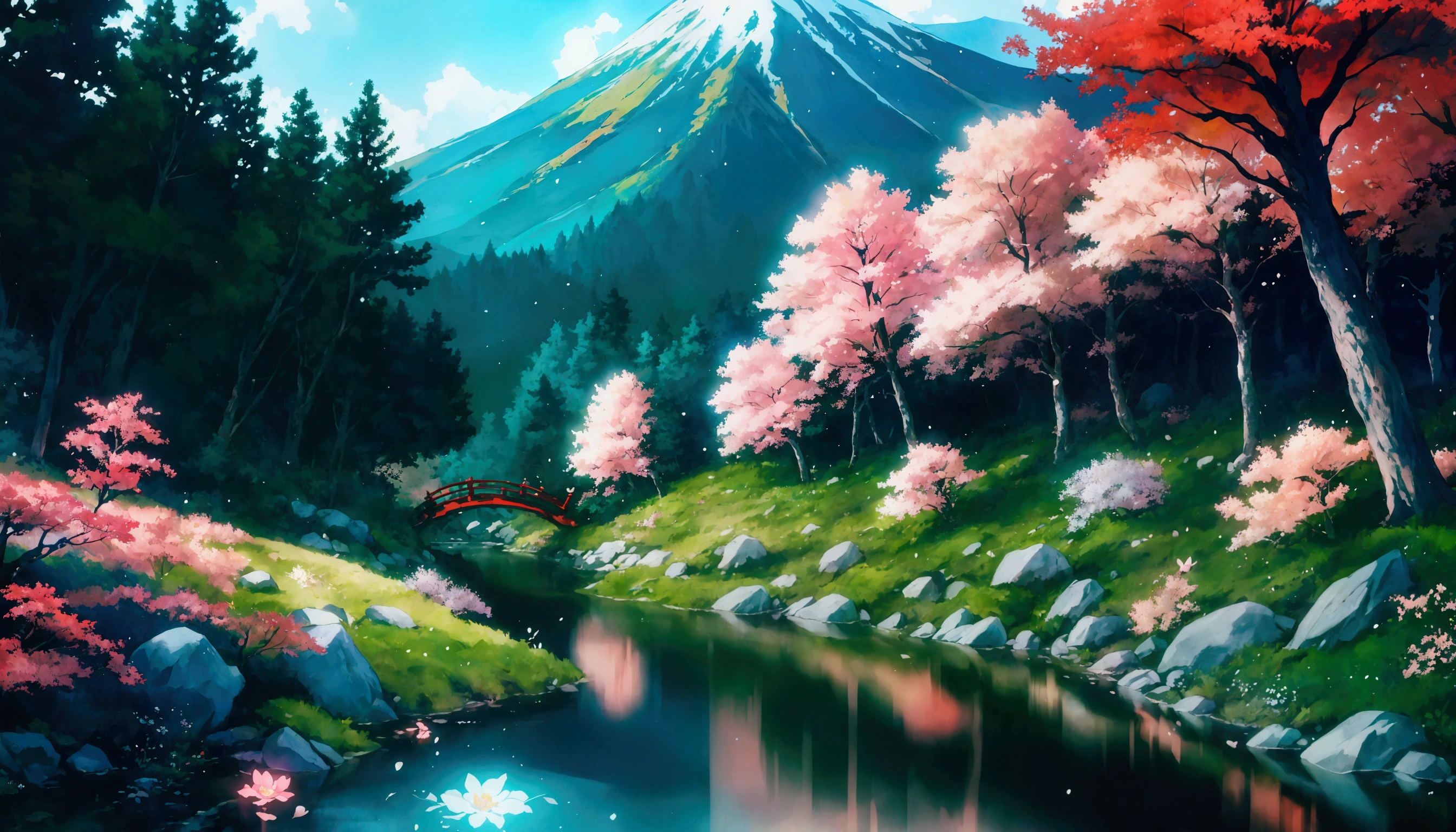 Glowing Forest Cozy Day Sparkling ,morning , Lofi anime style , landscape , natural , Small, beautiful, glowing flowers, mountain, Japan ,river