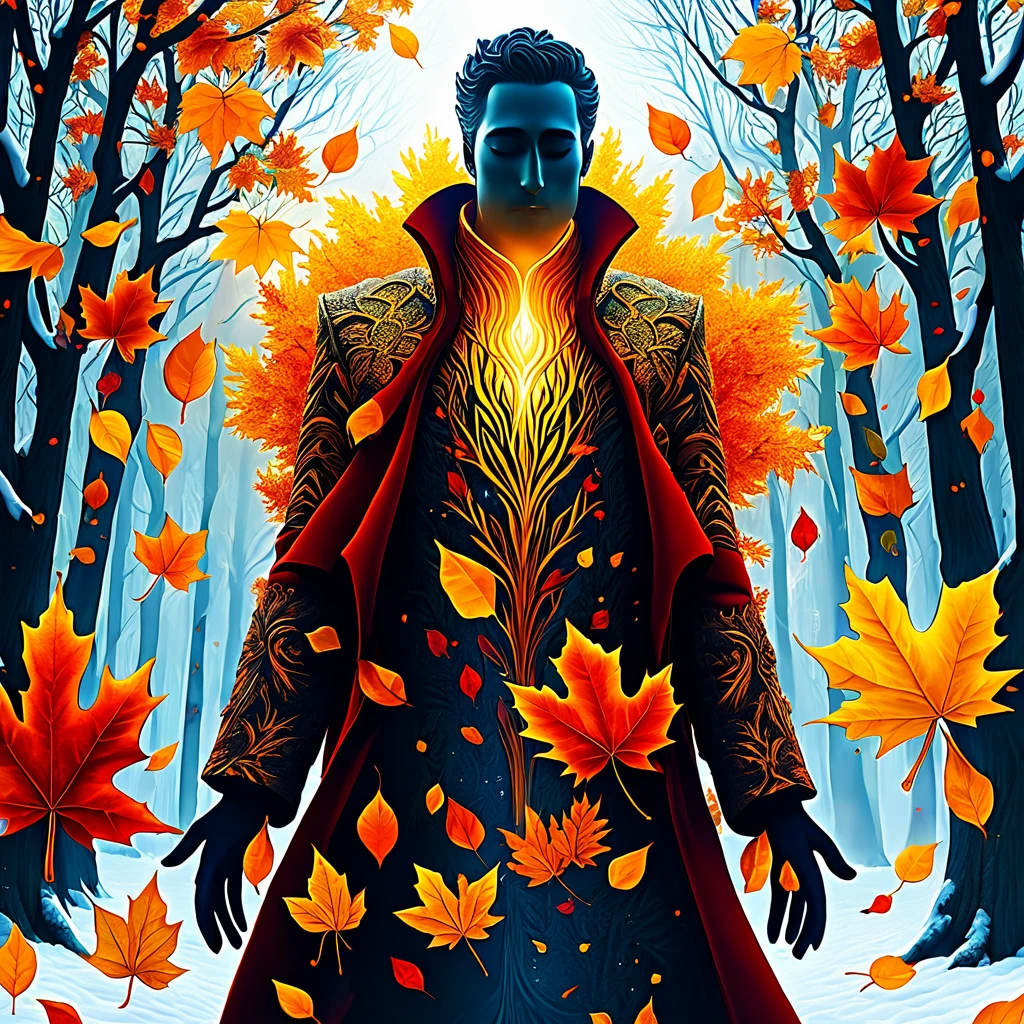 A majestic god made entirely of autumn leaves, wearing a coat of vibrant golden and crimson foliage, stands in an ethereal forest. With both hands, the god dramatically opens his coat of leaves, revealing a surreal, harsh winter landscape within the opening. Inside, a contrasting god made of snow approaches, embodying the cold essence of winter. The scene is hyperrealistic, with ultradetailed textures and intricate, digital 3D optical illusion elements. The artwork captures the duality of nature, blending autumn's warmth with winter's chill. Fantasy art, 32k wallpaper quality, immersive and captivating.