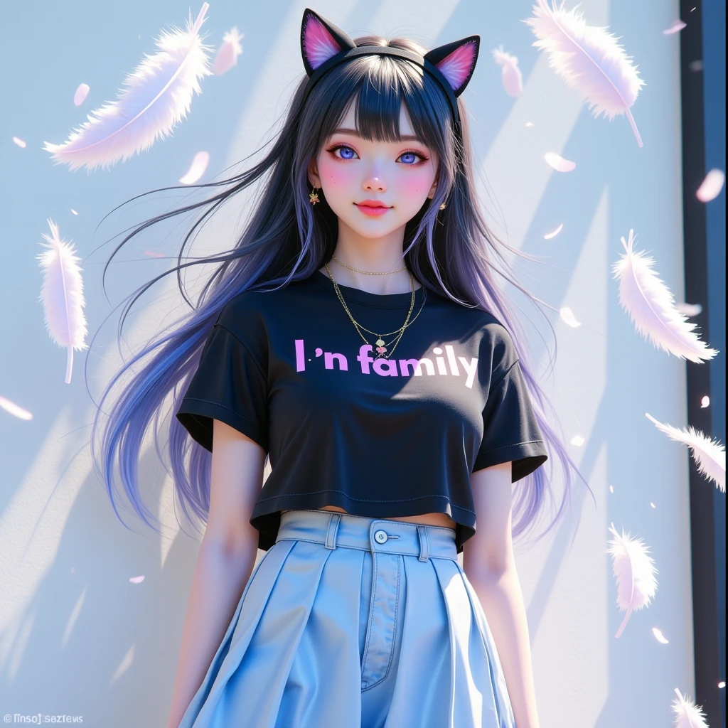  Masterpieces, 1 girl, Shiny black long hair,  black cat ear headband ,  pink lips ,  happy , Black T-shirt,  Light Blue Skirt Style Pleated Skirt, stand, Dynamic, " L N family " On the shirt, , background, wall, White feathers fall like rain , High angle image seen from the side ,  high-definition vivid images,  intricate details, dimensions, 3D rendering, realistic, colourful outfit,  over the truth 